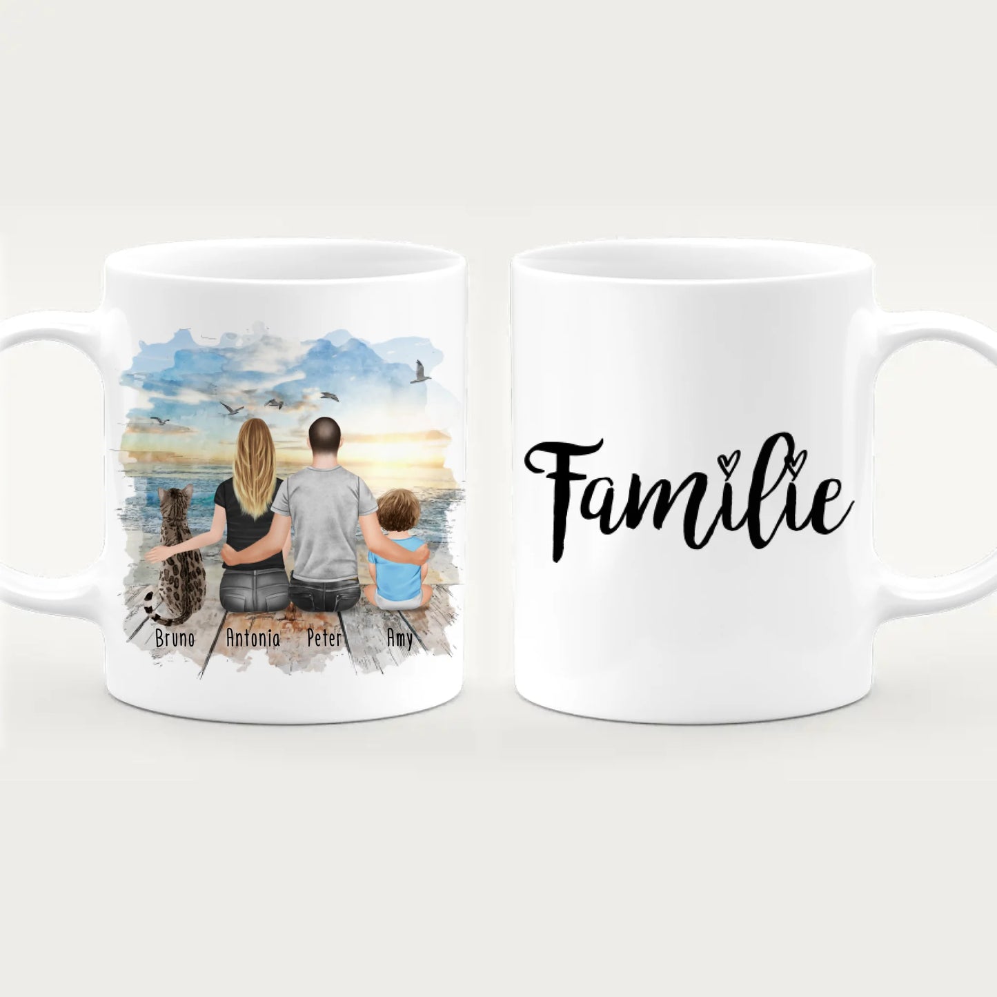 Personalisierte Tasse mit Familie + 1 Katze (1 Baby)