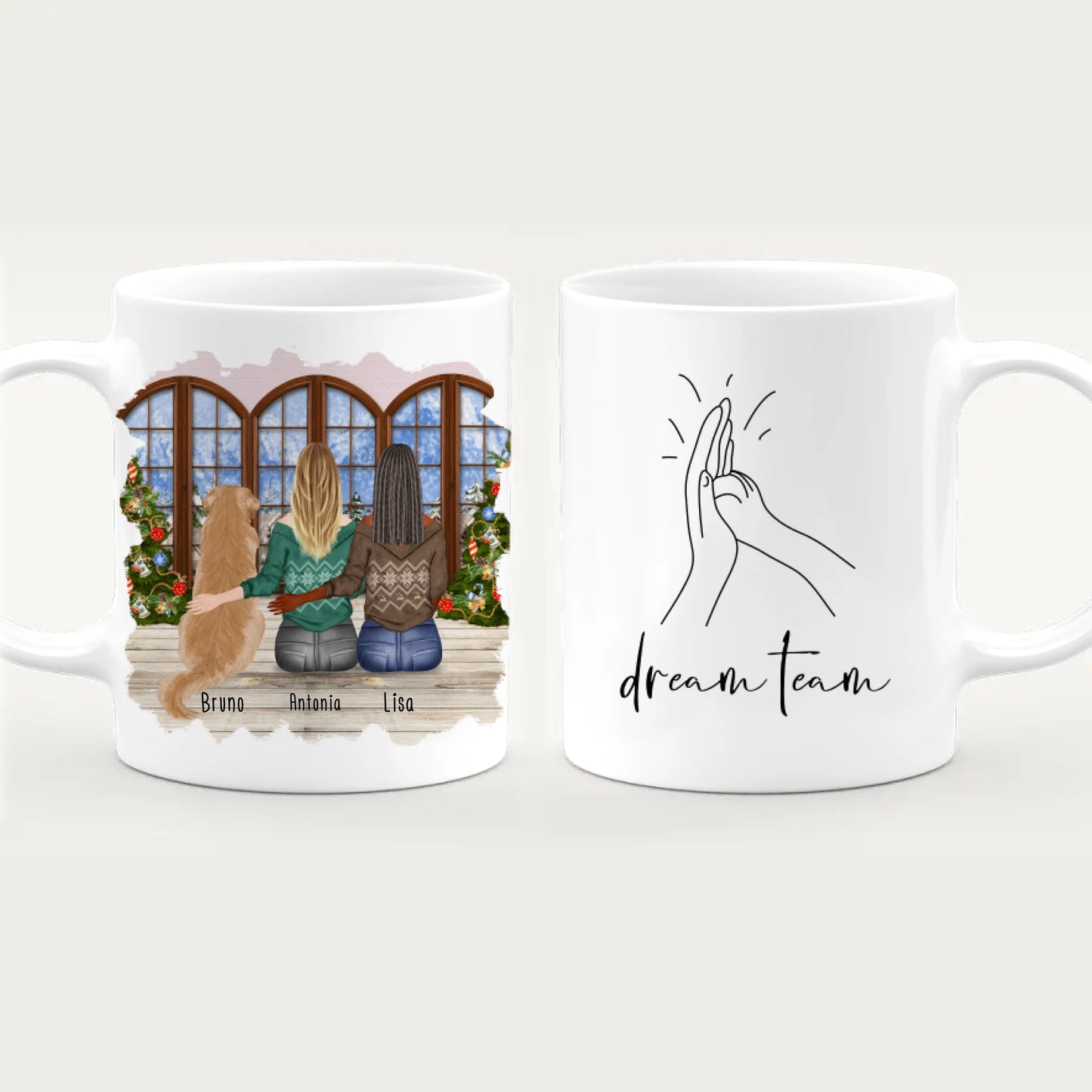 Personalisierte Tasse mit Hund und Frauen (1 Hund + 2 Frauen) - Weihnachtstasse