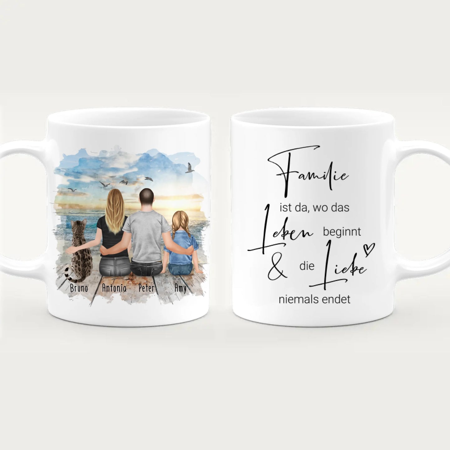 Personalisierte Tasse mit Familie + 1 Katze (1 Kind)