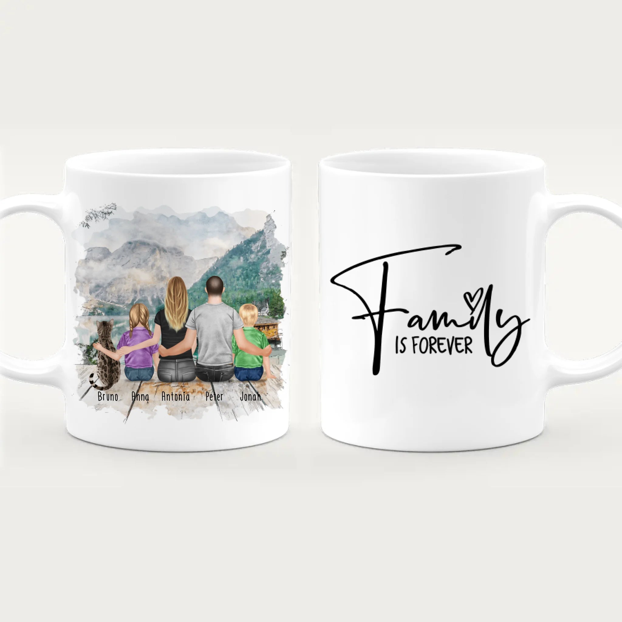 Personalisierte Tasse mit Familie + 1 Katze (2 Kinder)