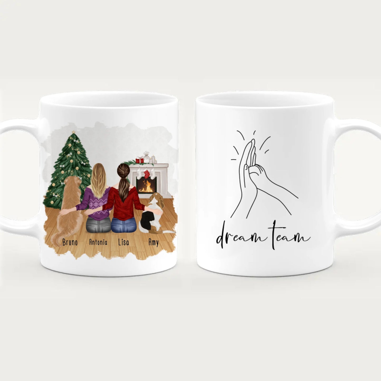 Personalisierte Tasse mit Hunden und Frauen (2 Hunde + 2 Frauen) - Weihnachtstasse