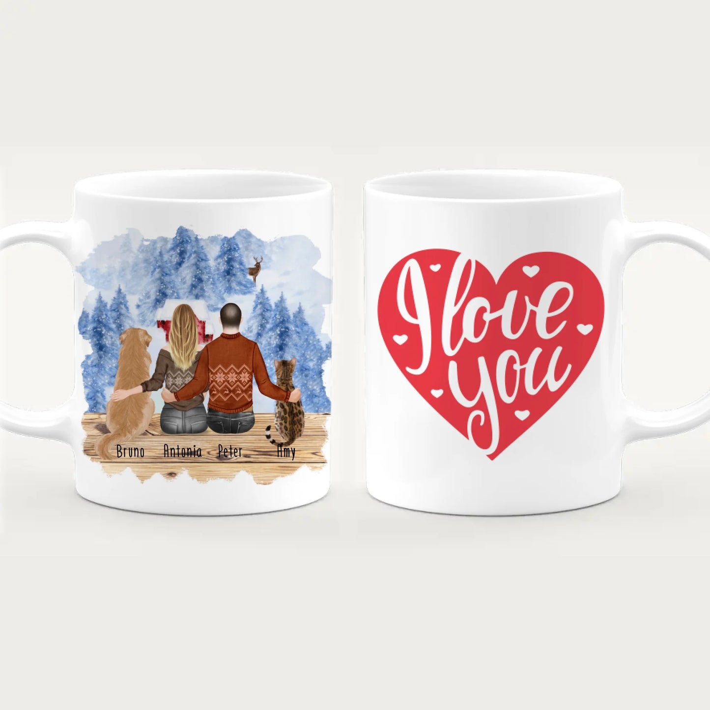 Personalisierte Tasse mit Pärchen und 1 Hund und 1 Katze - Weihnachtstasse