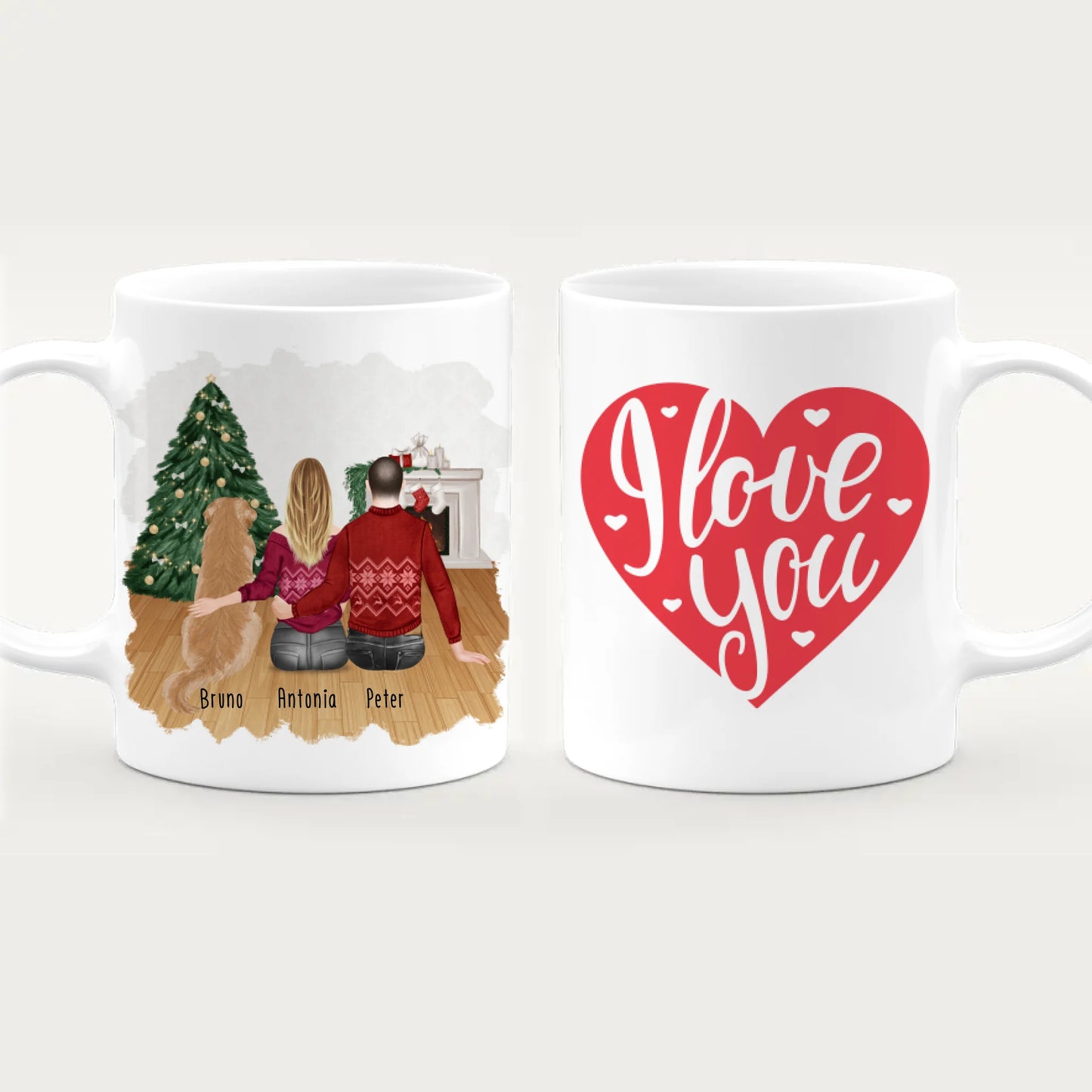 Personalisierte Tasse mit Pärchen und 1 Hund - Weihnachtstasse