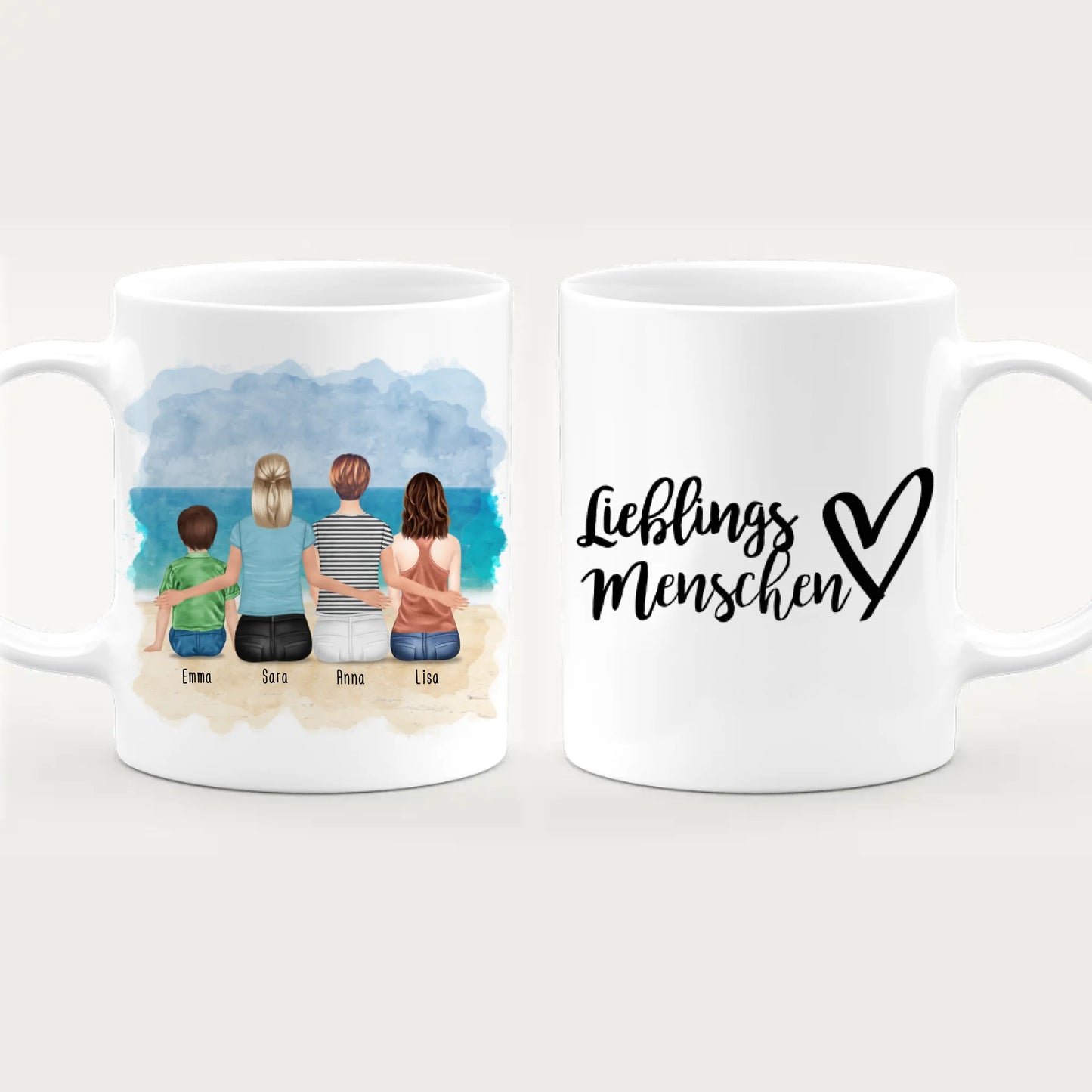 Personalisierte Tasse mit 2 Frauen + 1 Kind + 1 Teenagerin