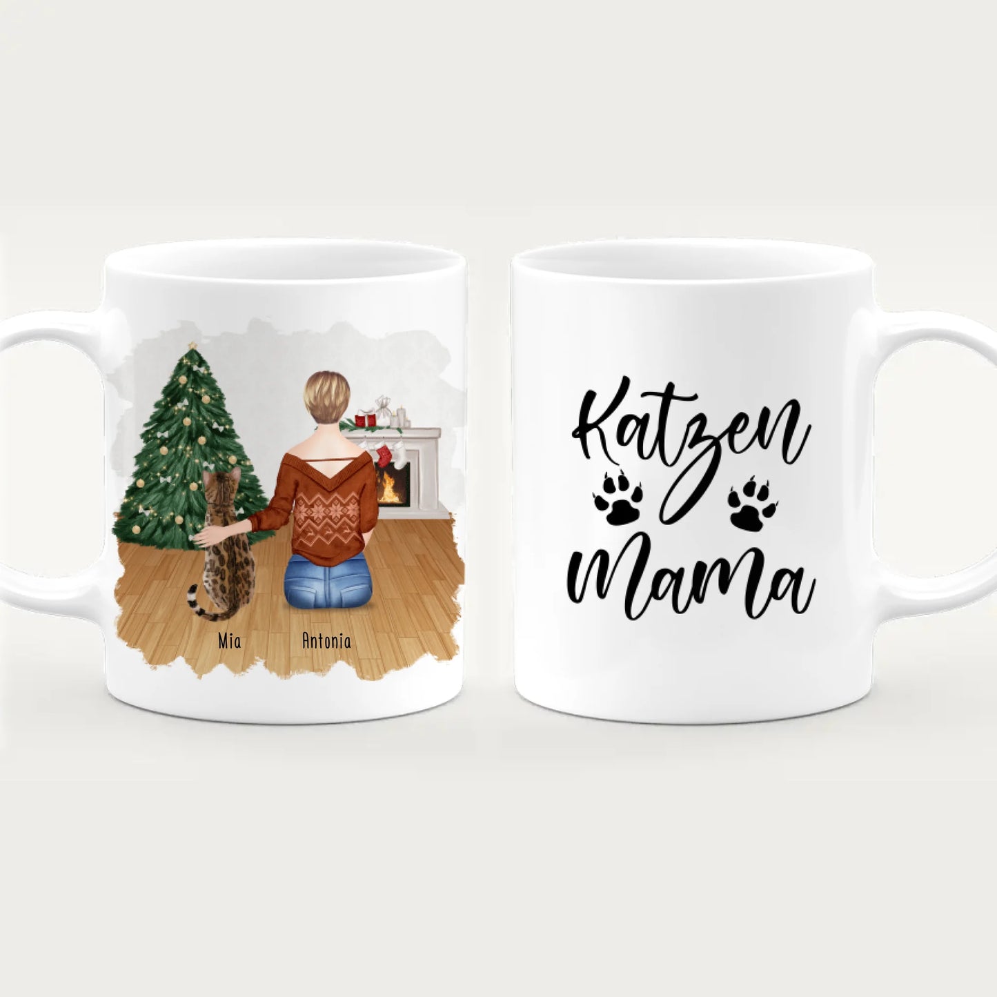 Personalisierte Tasse mit Katze und Frau (1 Katze + 1 Frau) - Weihnachtstasse