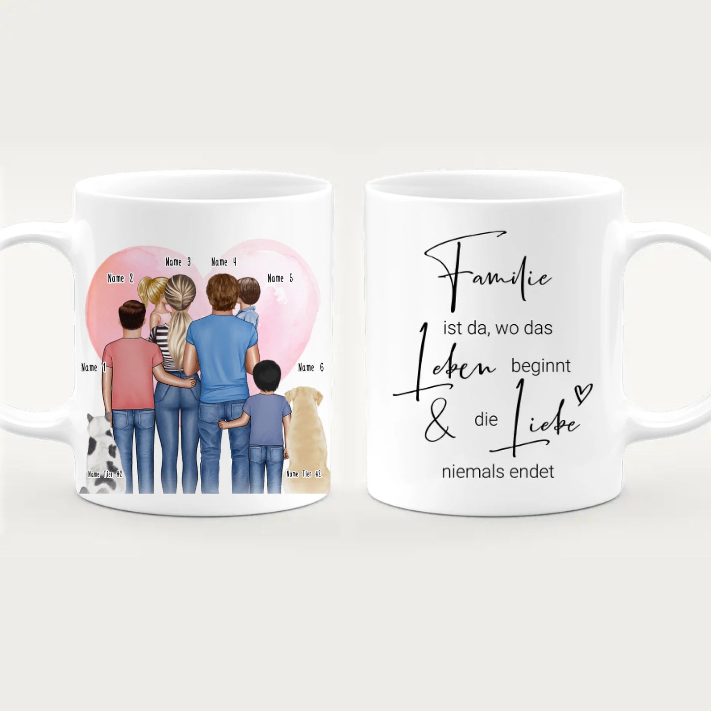 Personalisierte Tasse - Familie + 1-4 Kinder + 1-2 Hunde/Katzen