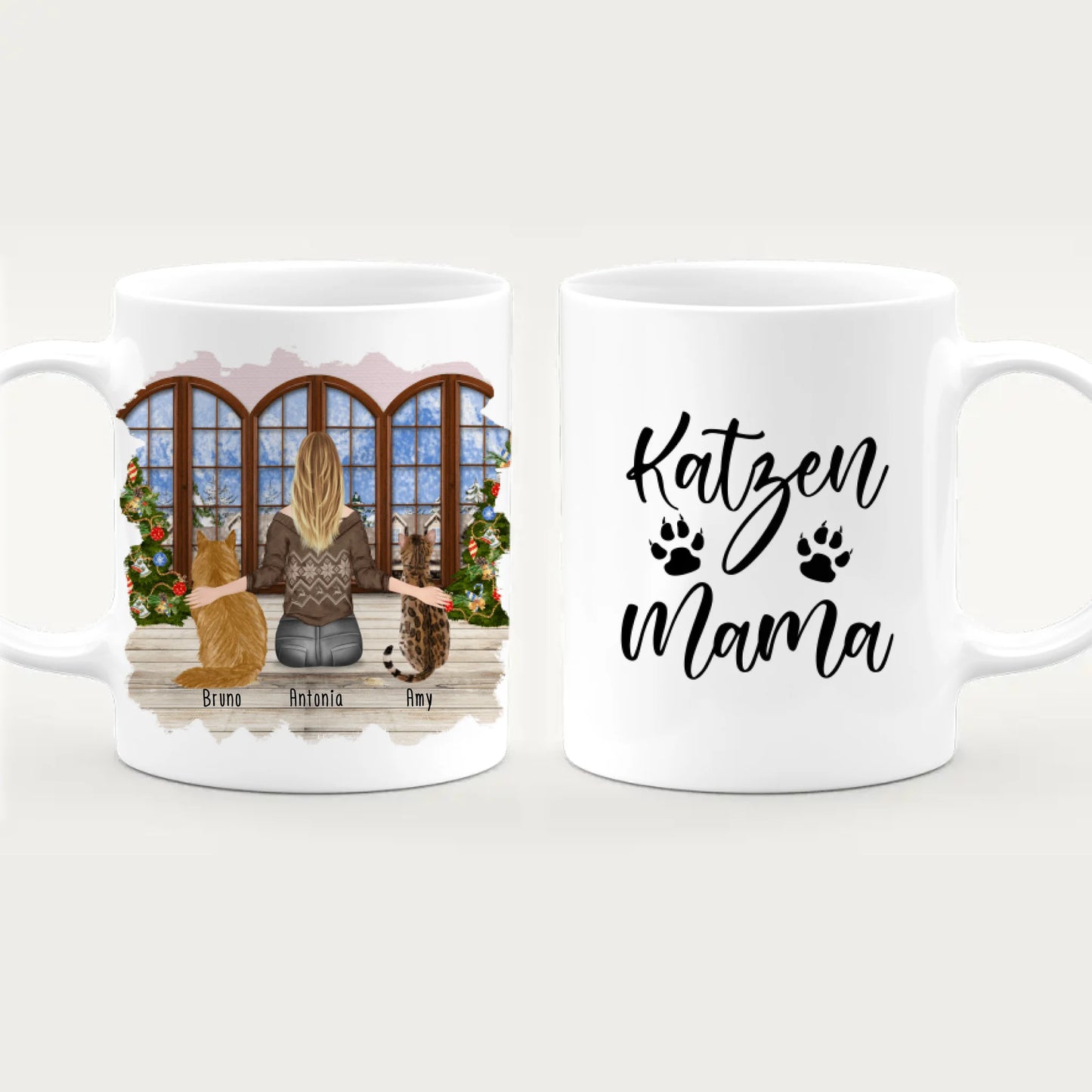 Personalisierte Tasse mit Katze und Frau (2 Katzen + 1 Frau) - Weihnachtstasse