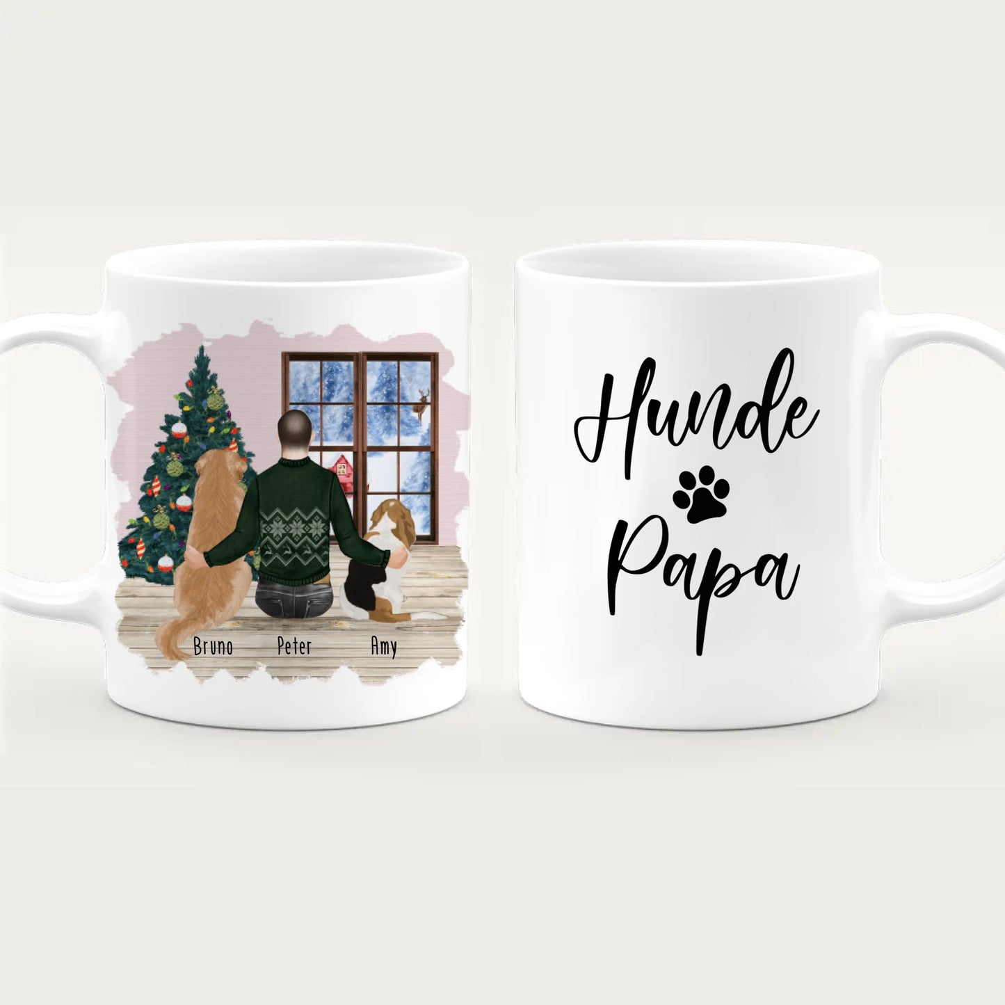 Personalisierte Tasse mit Hund und Mann (2 Hunde + 1 Mann) - Weihnachtstasse