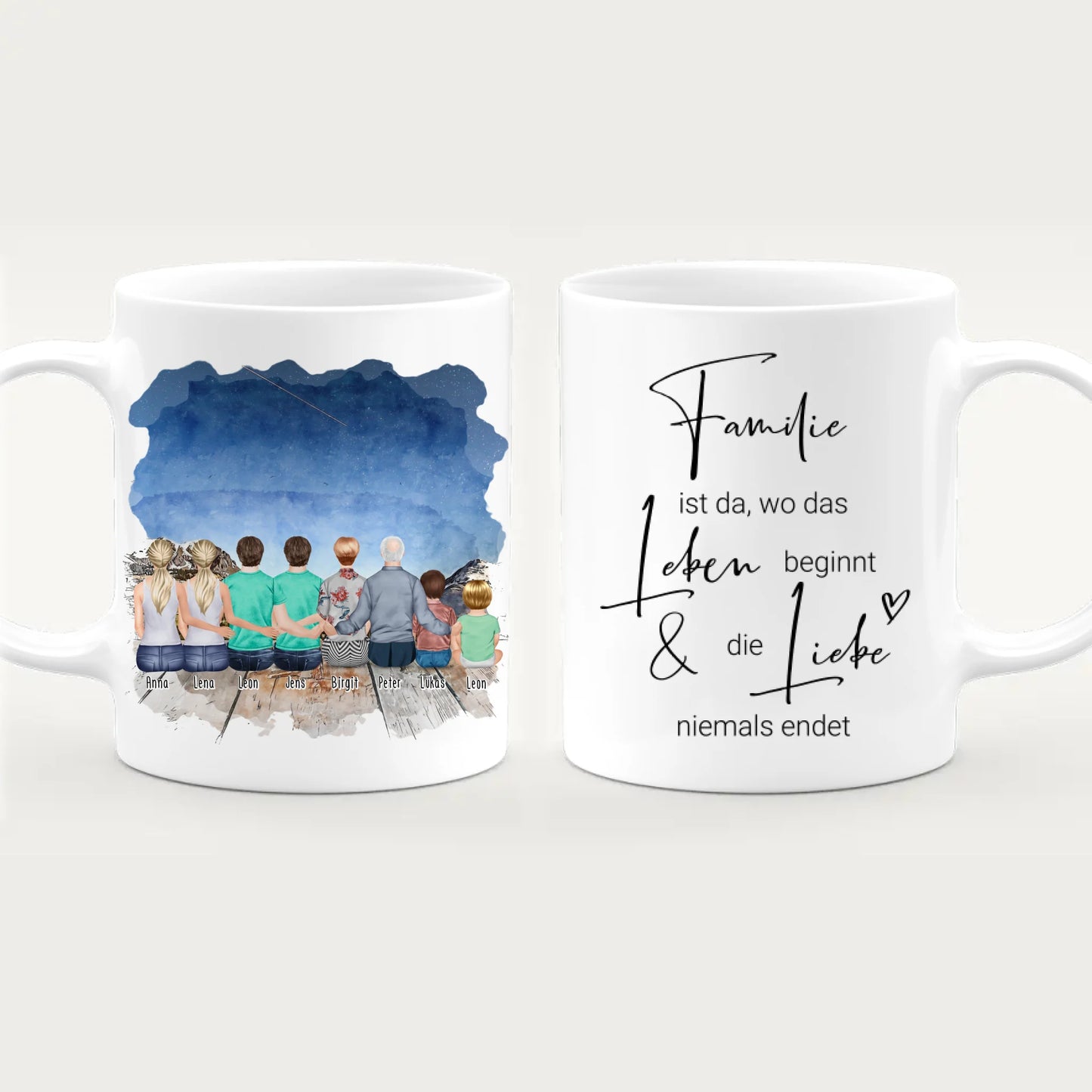 Personalisierte Tasse - 2 Frauen + 2 Männer + 1 Oma + 1 Opa + 1 Kind + 1 Baby