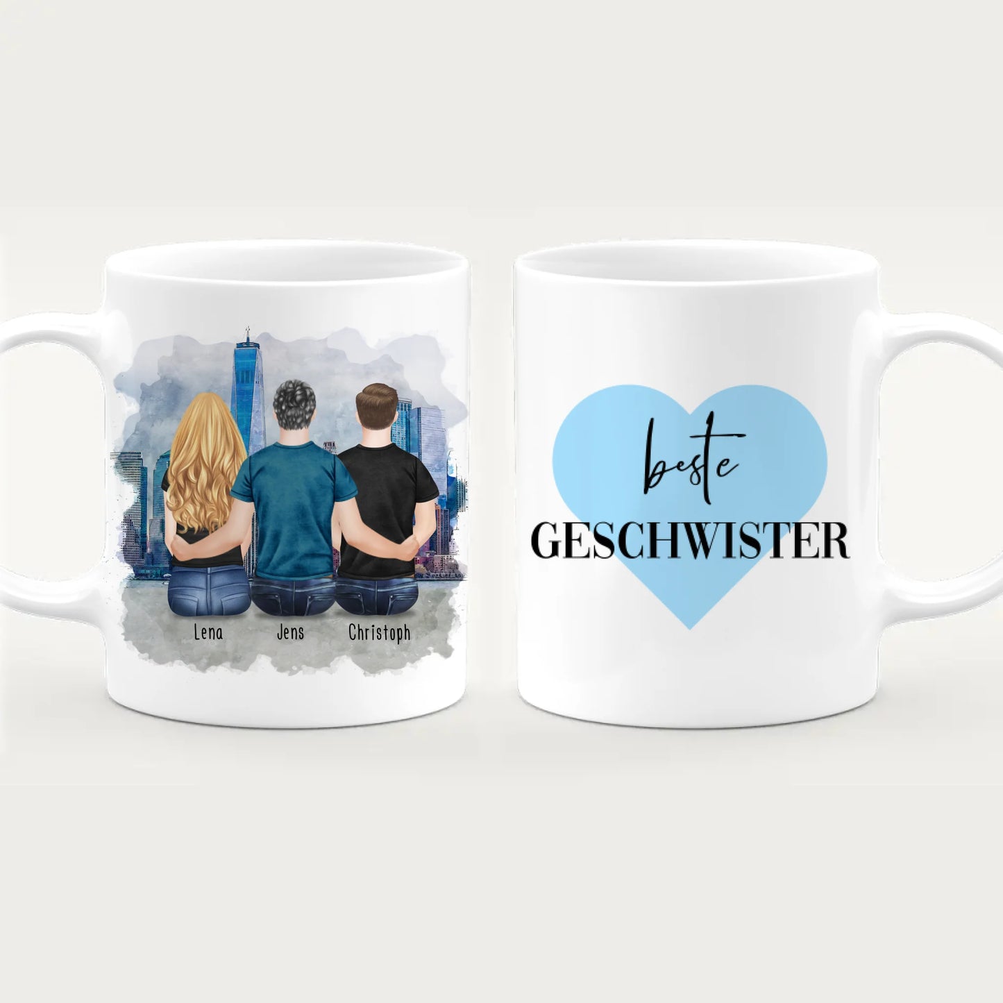 Personalisierte Tasse mit Bruder/Schwester (1 Schwester + 2 Brüder)
