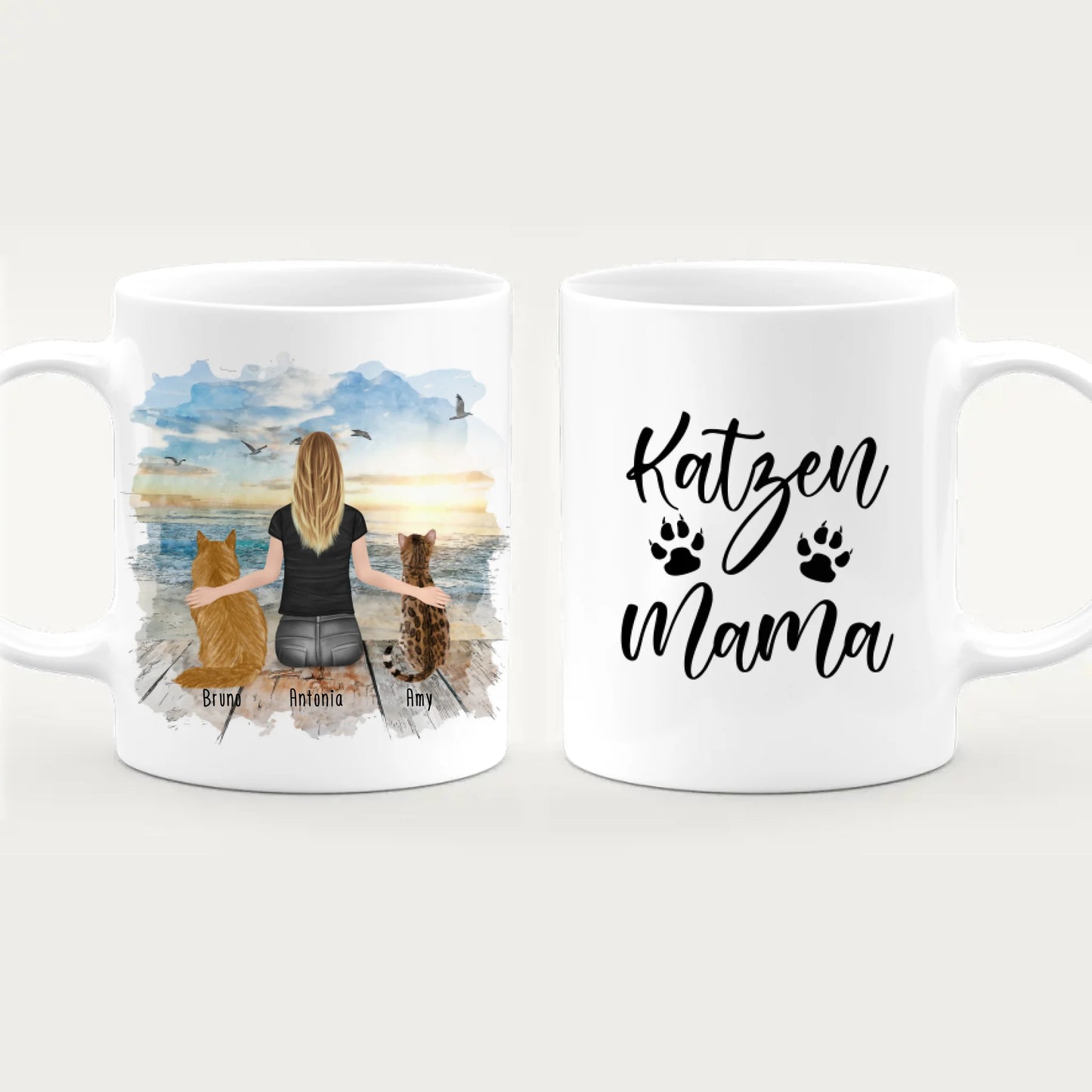 Personalisierte Tasse mit Katze und Frau (2 Katzen + 1 Frau)