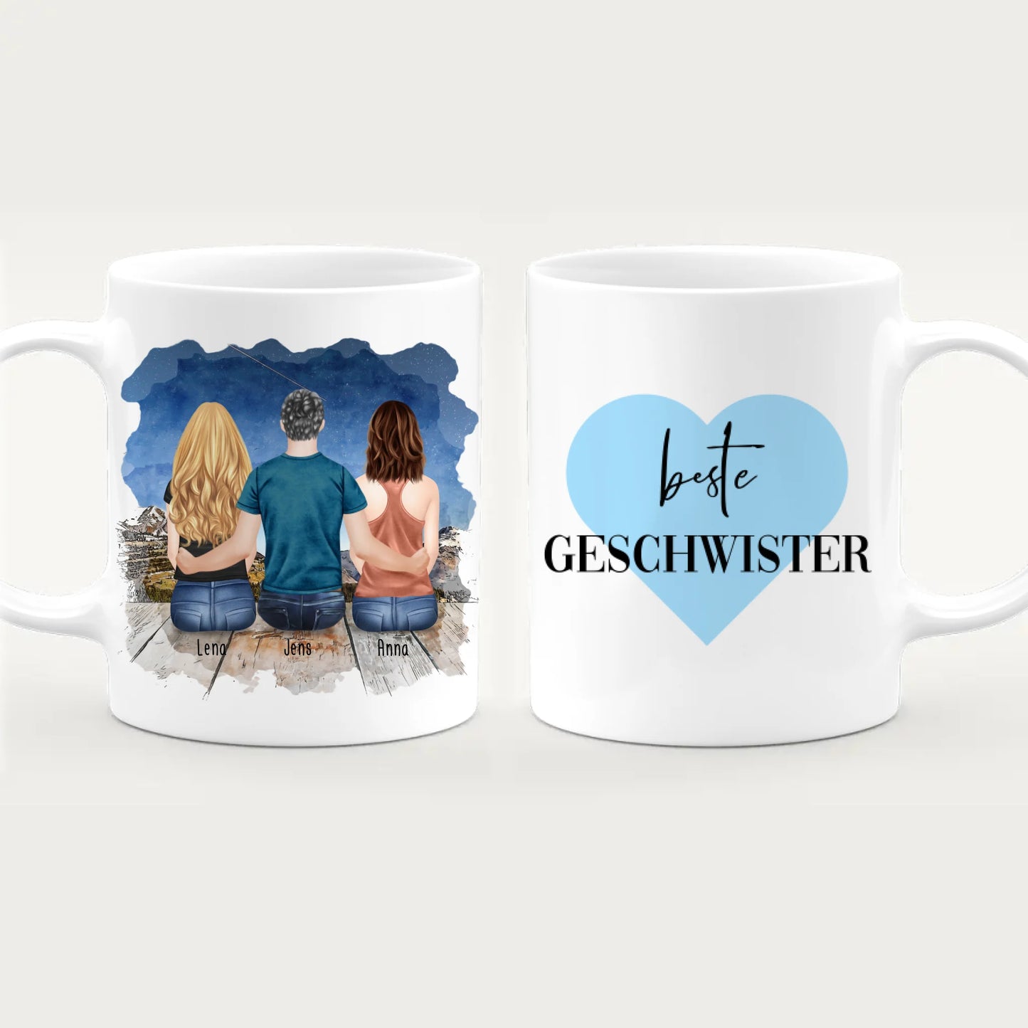 Personalisierte Tasse mit Bruder/Schwester (2 Schwester + 1 Bruder)