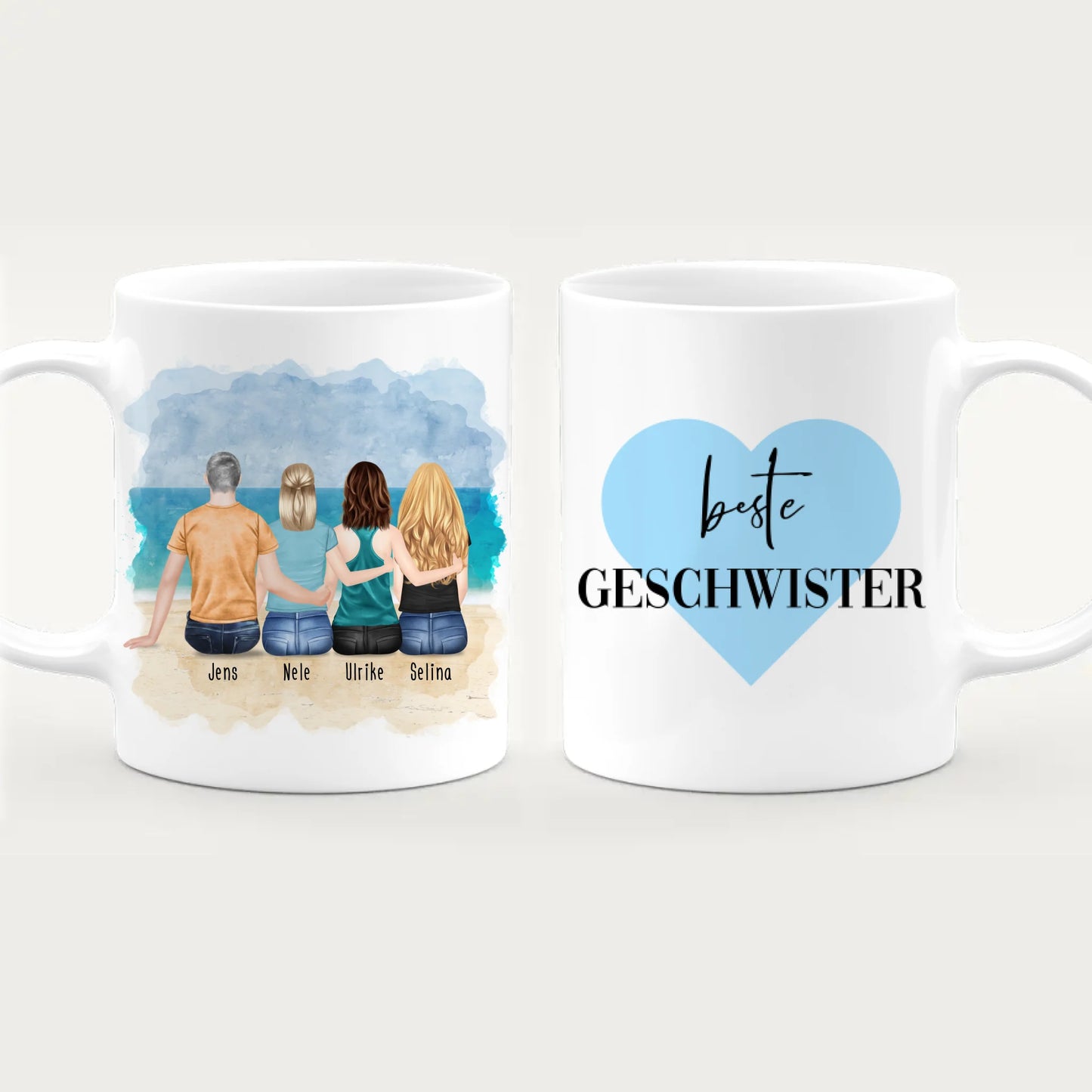 Personalisierte Tasse mit Bruder/Schwester (3 Schwestern + 1 Bruder)