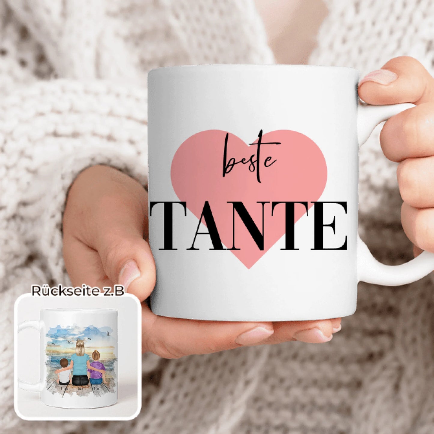 Personalisierte Tasse mit Tante (1 Baby + 1 Kind + 1 Tante)