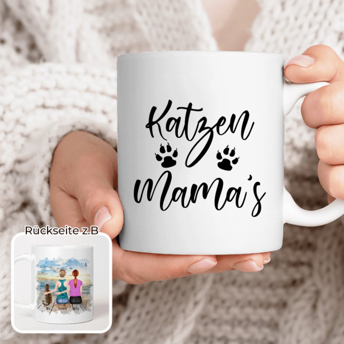 Personalisierte Tasse mit Katze und Frauen (1 Katze + 2 Frauen)