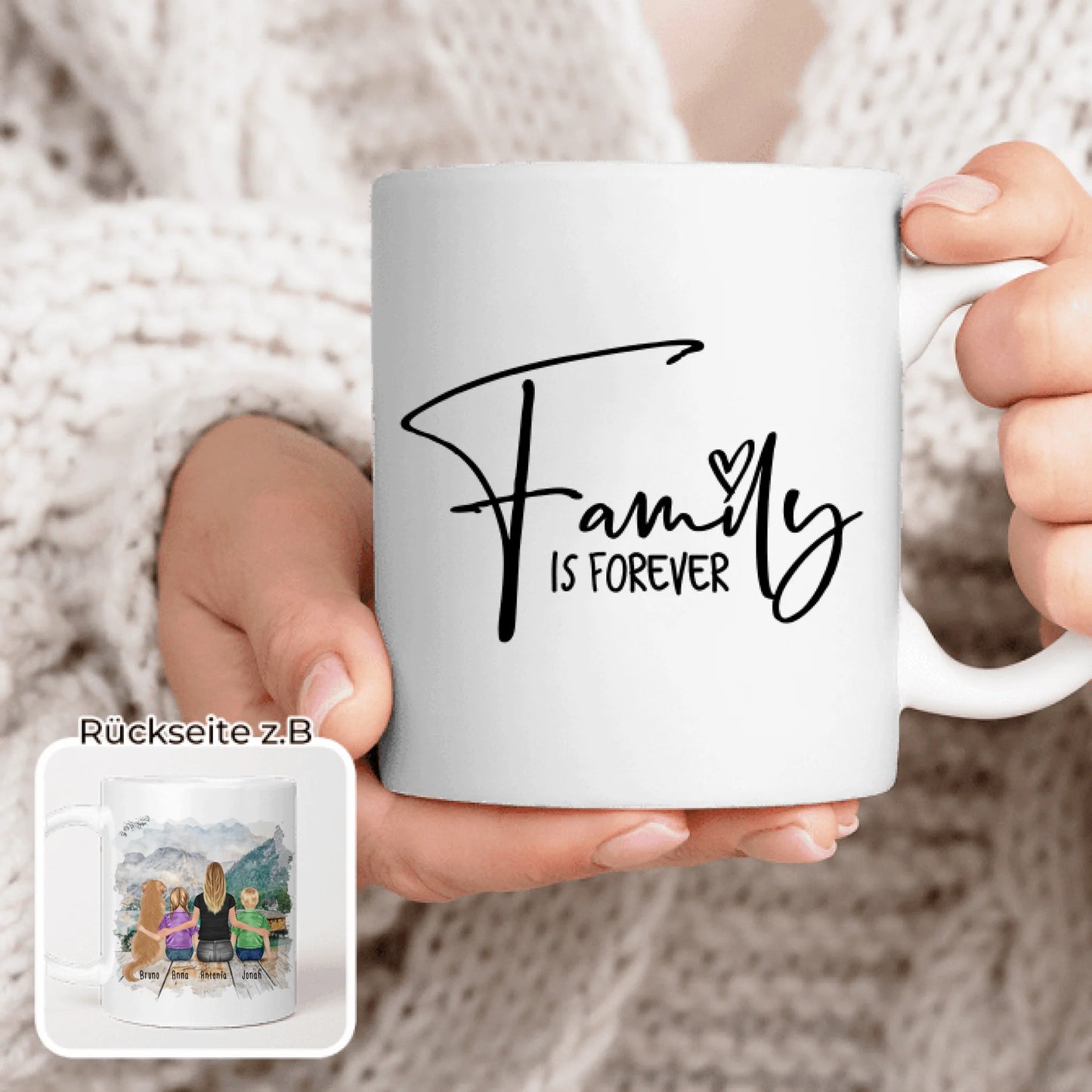 Personalisierte Tasse mit 1 Frau + 2 Kindern + 1 Hund