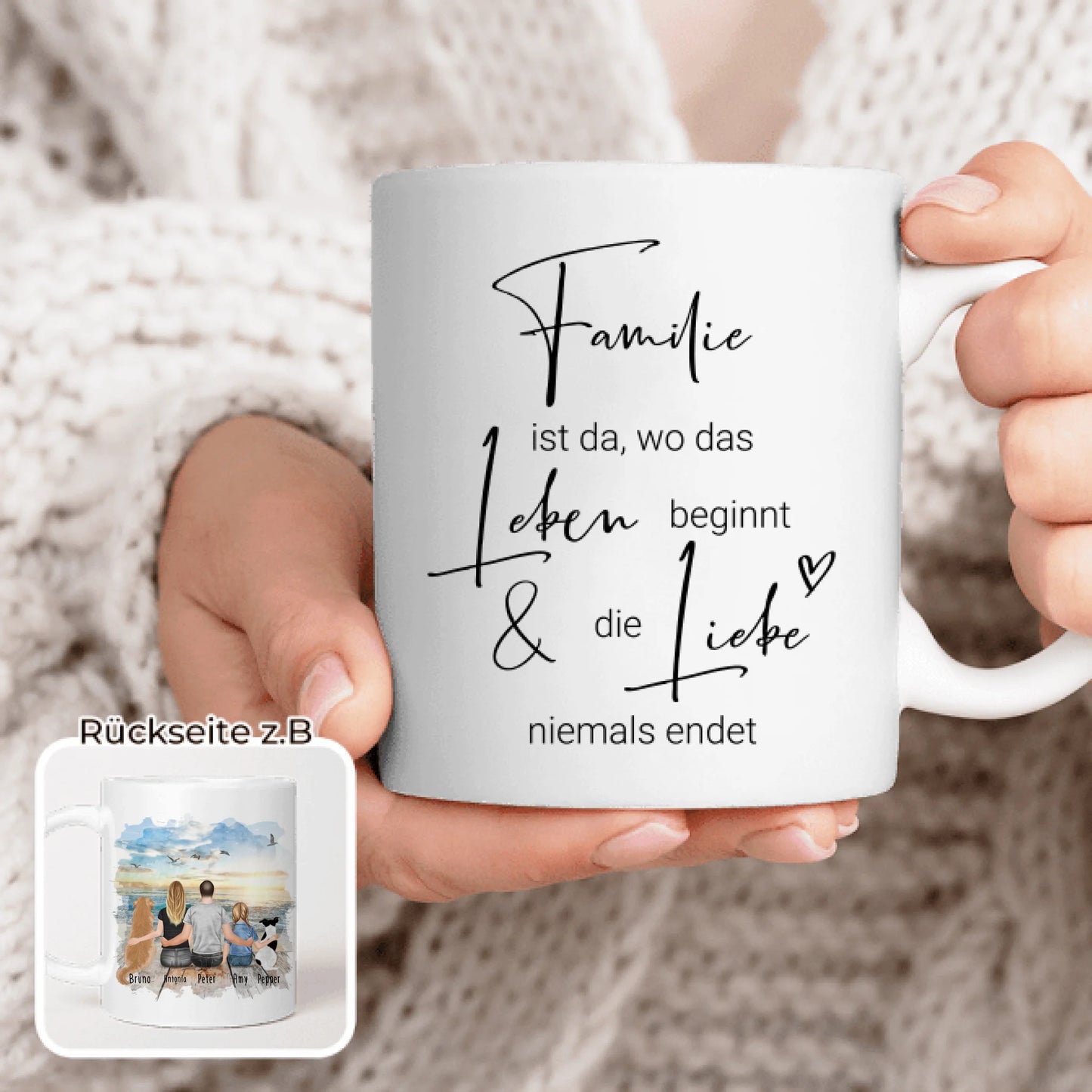 Personalisierte Tasse mit Familie + 2 Hund2 (1 Kind)