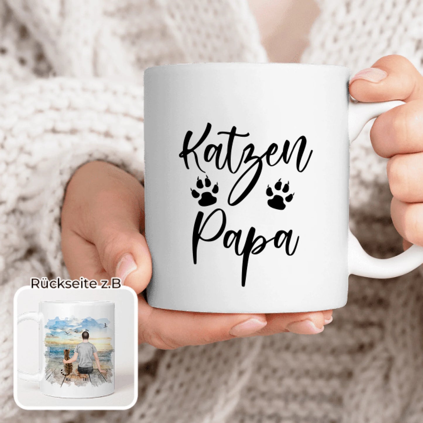 Personalisierte Tasse mit Katze und Mann (1 Katze + 1 Mann)