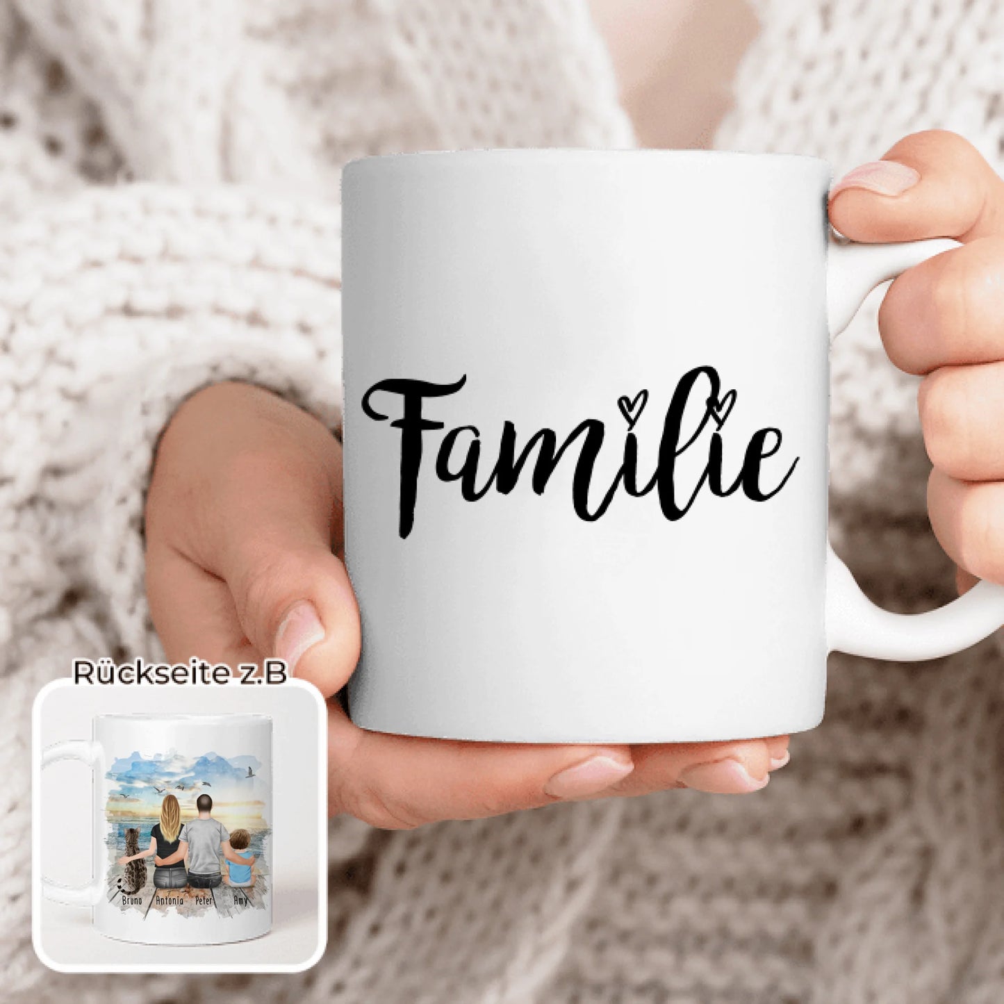 Personalisierte Tasse mit Familie + 1 Katze (1 Baby)