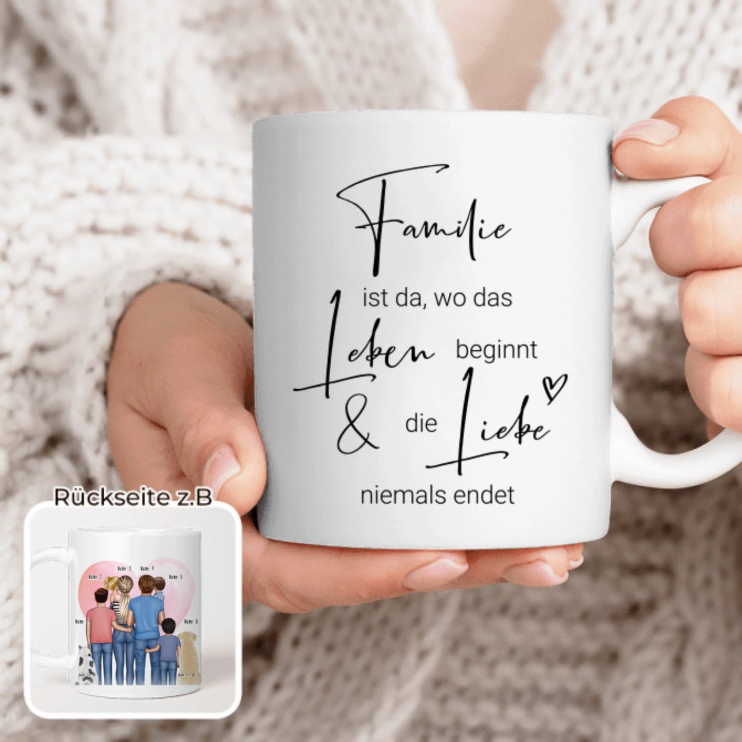 Personalisierte Tasse - Familie + 1-4 Kinder + 1-2 Hunde/Katzen