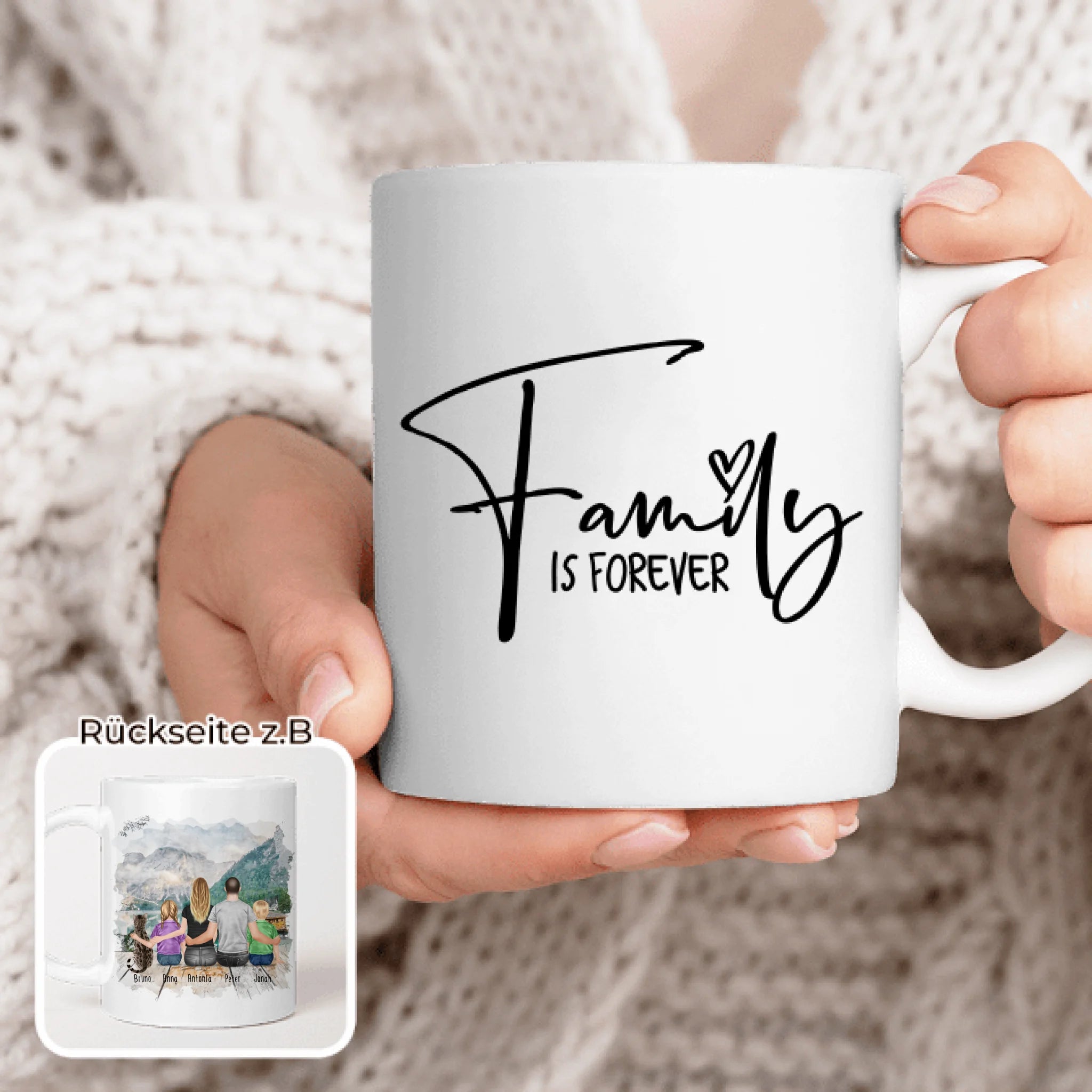 Personalisierte Tasse mit Familie + 1 Katze (2 Kinder)