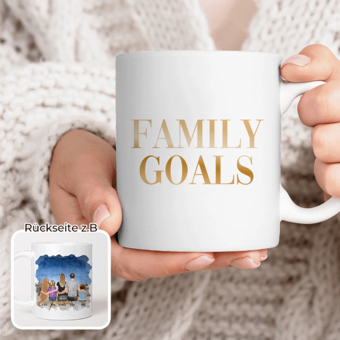 Personalisierte Tasse mit Familie + 1 Hund (1 Baby + 1 Kind)