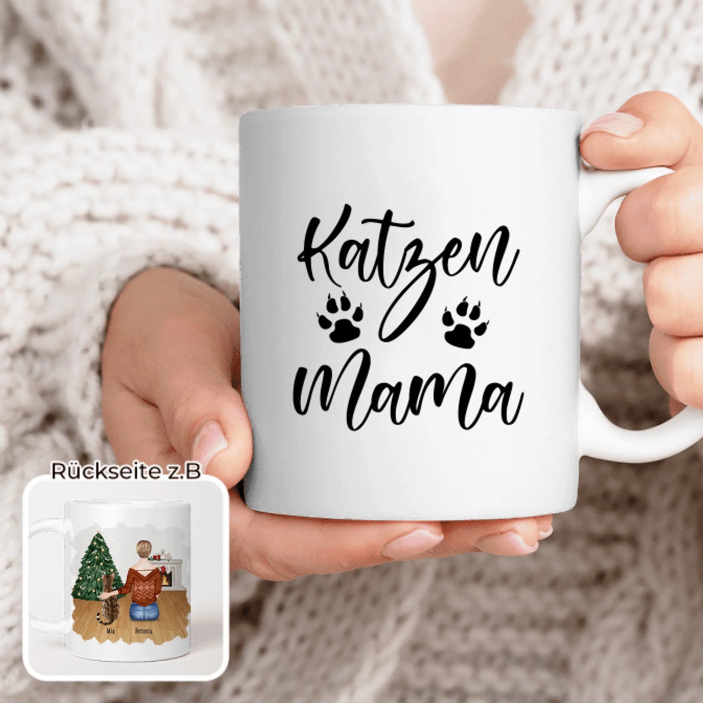 Personalisierte Tasse mit Katze und Frau (1 Katze + 1 Frau) - Weihnachtstasse