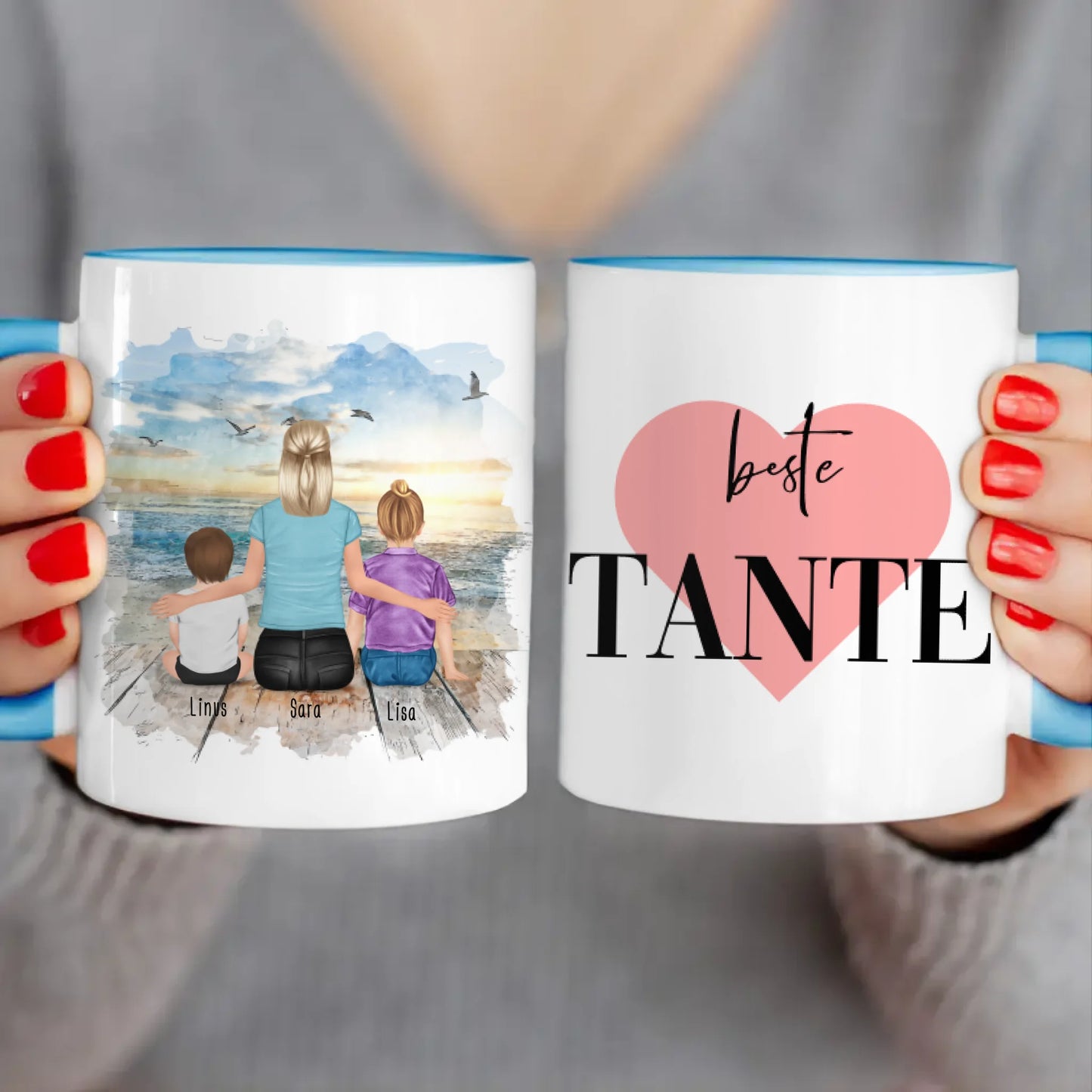 Personalisierte Tasse mit Tante (1 Baby + 1 Kind + 1 Tante)