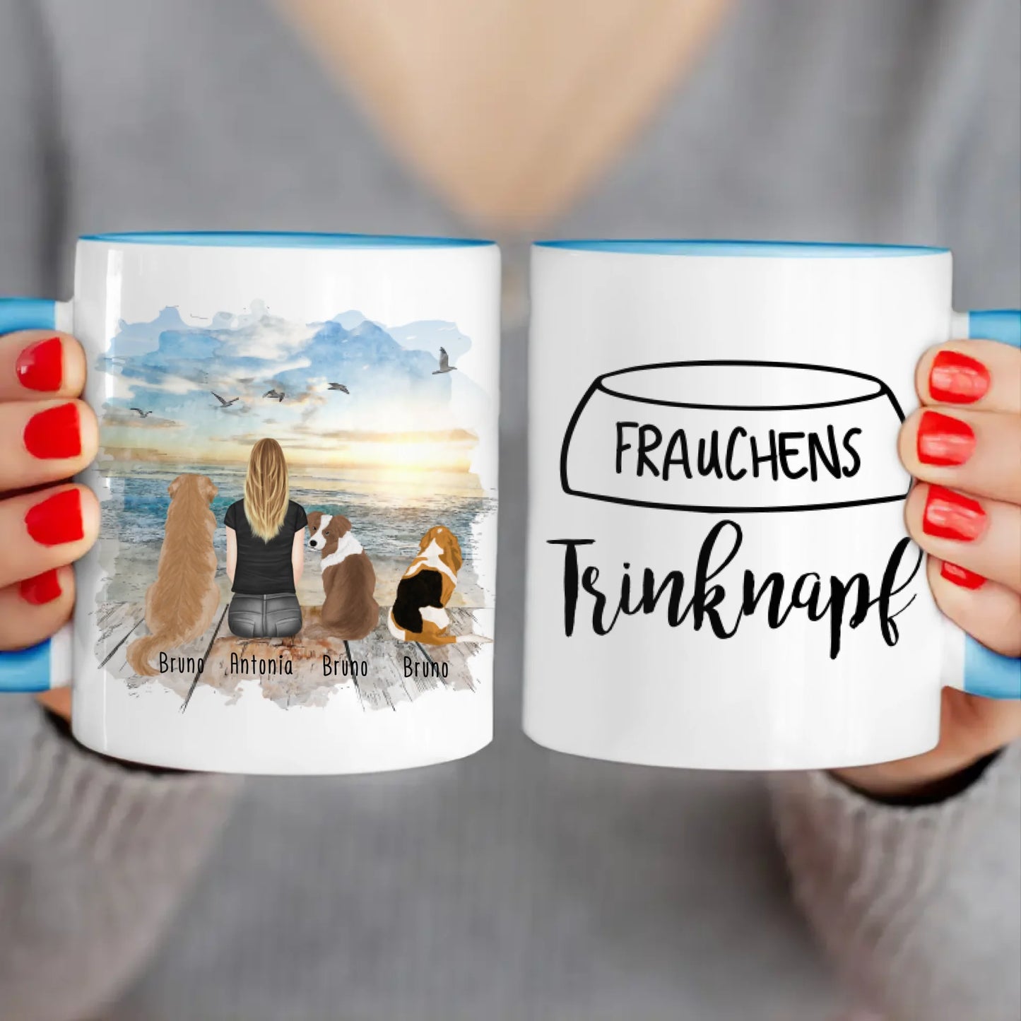 Personalisierte Tasse 1 Frau + 3 Hunde