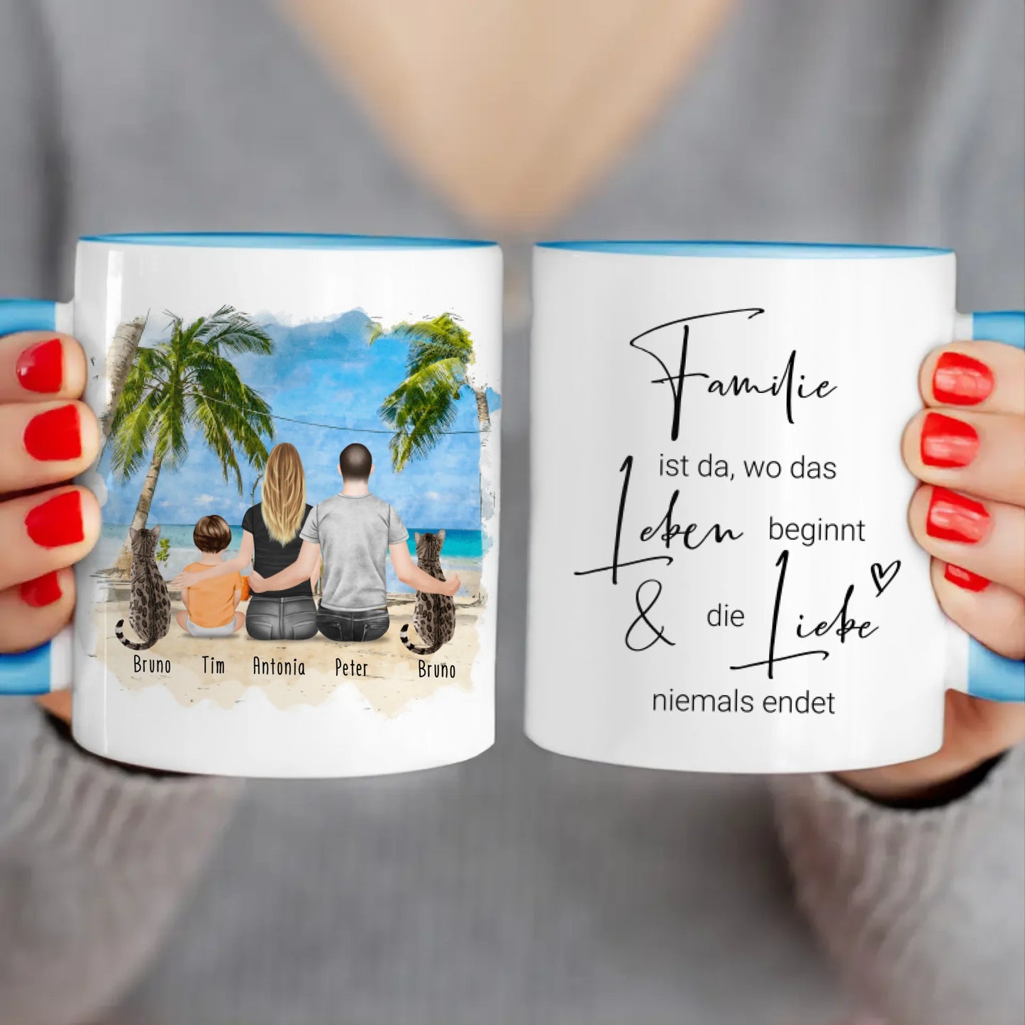 Personalisierte Tasse mit Familie + 2 Katzen (1 Baby)