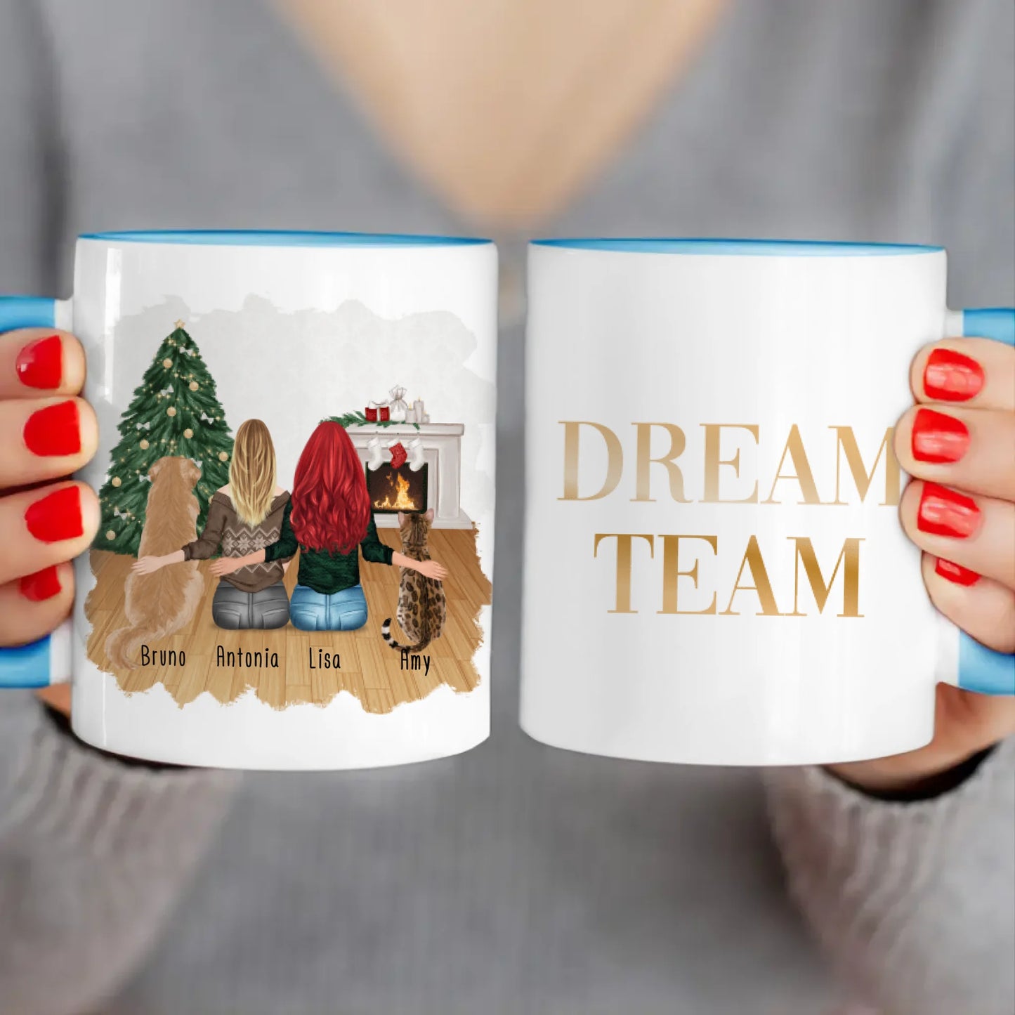 Personalisierte Tasse mit Hund, Katze und Frauen (1 Hund + 1 Katze + 2 Frauen) - Weihnachtstasse