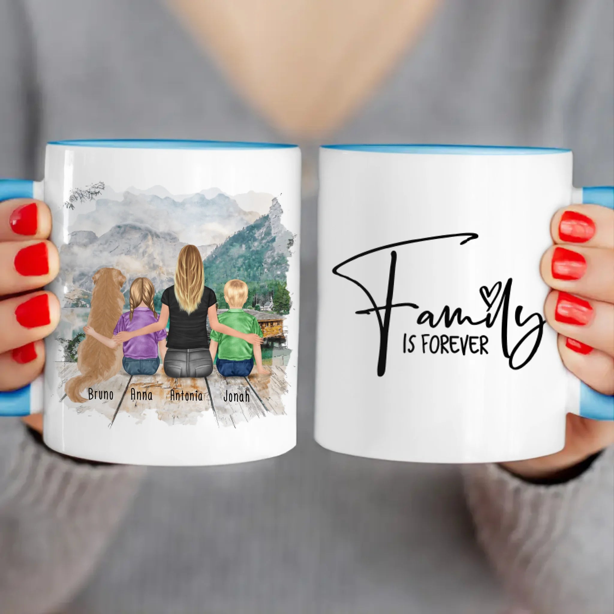 Personalisierte Tasse mit 1 Frau + 2 Kindern + 1 Hund