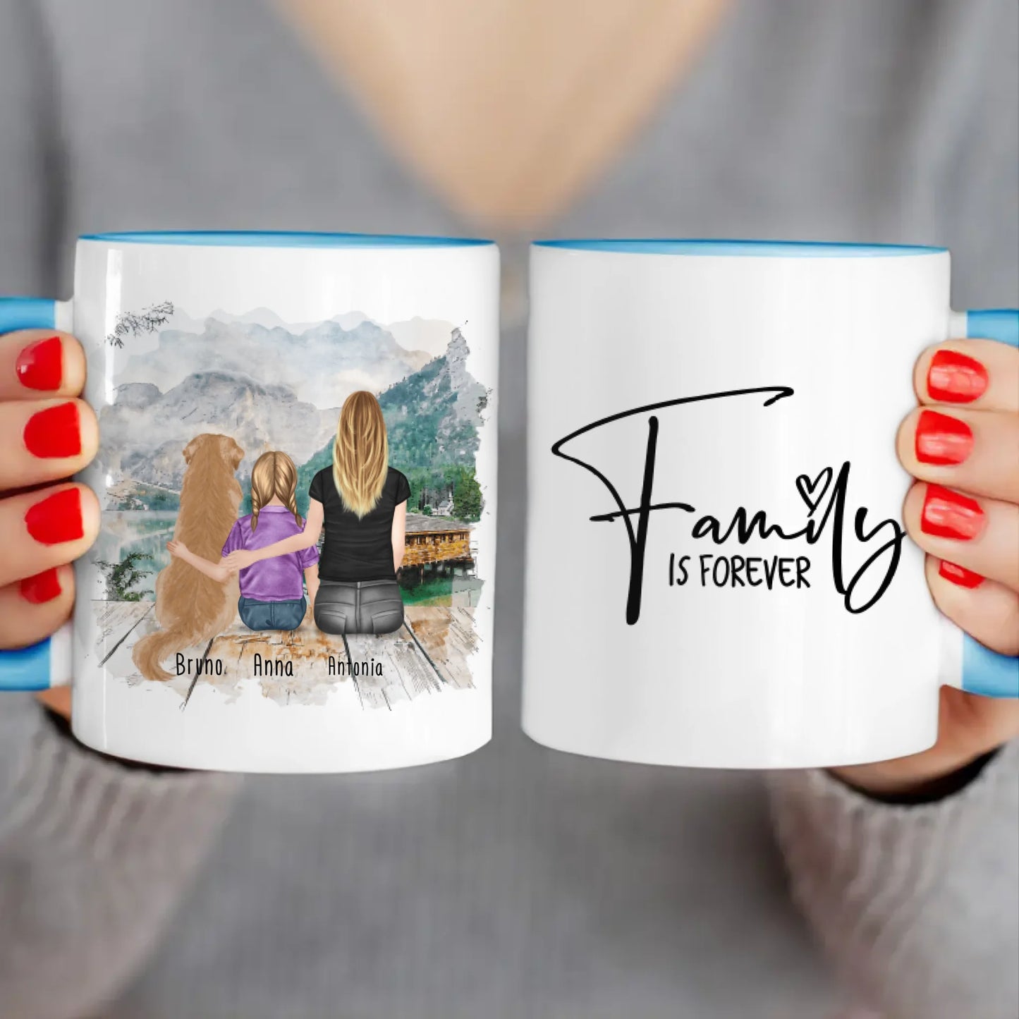 Personalisierte Tasse mit 1 Frau + 1 Kind + 1 Hund