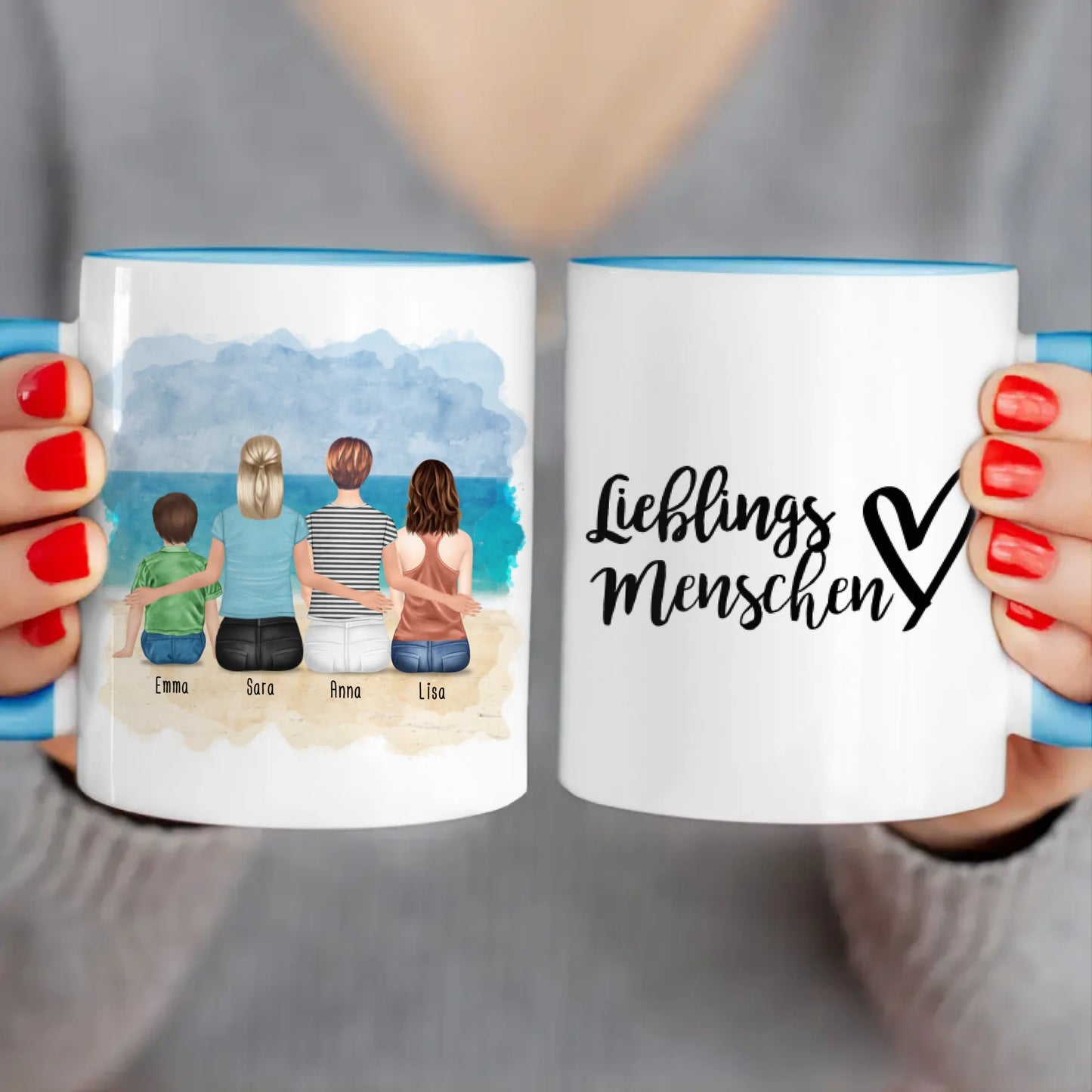 Personalisierte Tasse mit 2 Frauen + 1 Kind + 1 Teenagerin