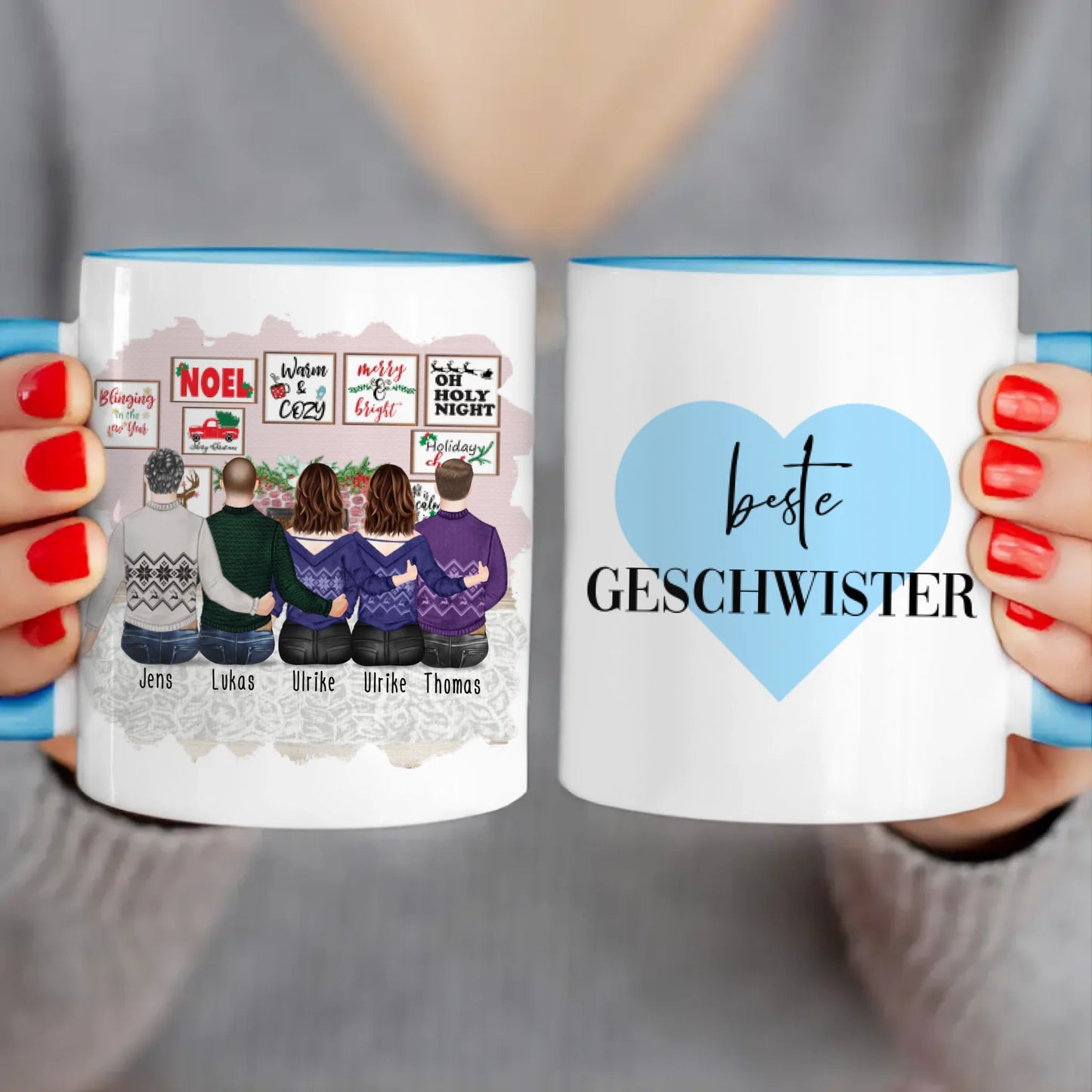 Personalisierte Tasse mit Bruder/Schwester (2 Schwestern + 3 Brüder) - Weihnachtstasse