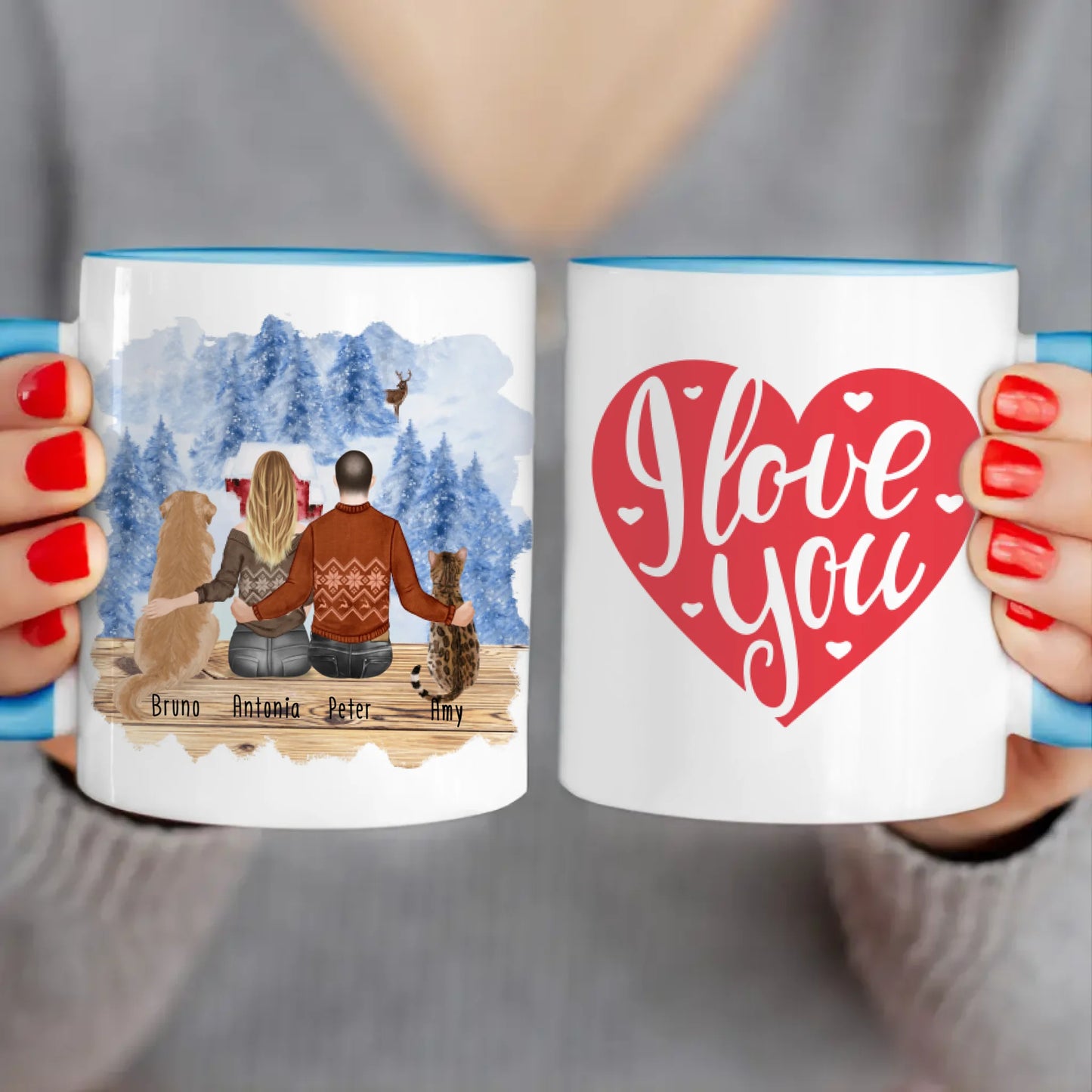 Personalisierte Tasse mit Pärchen und 1 Hund und 1 Katze - Weihnachtstasse