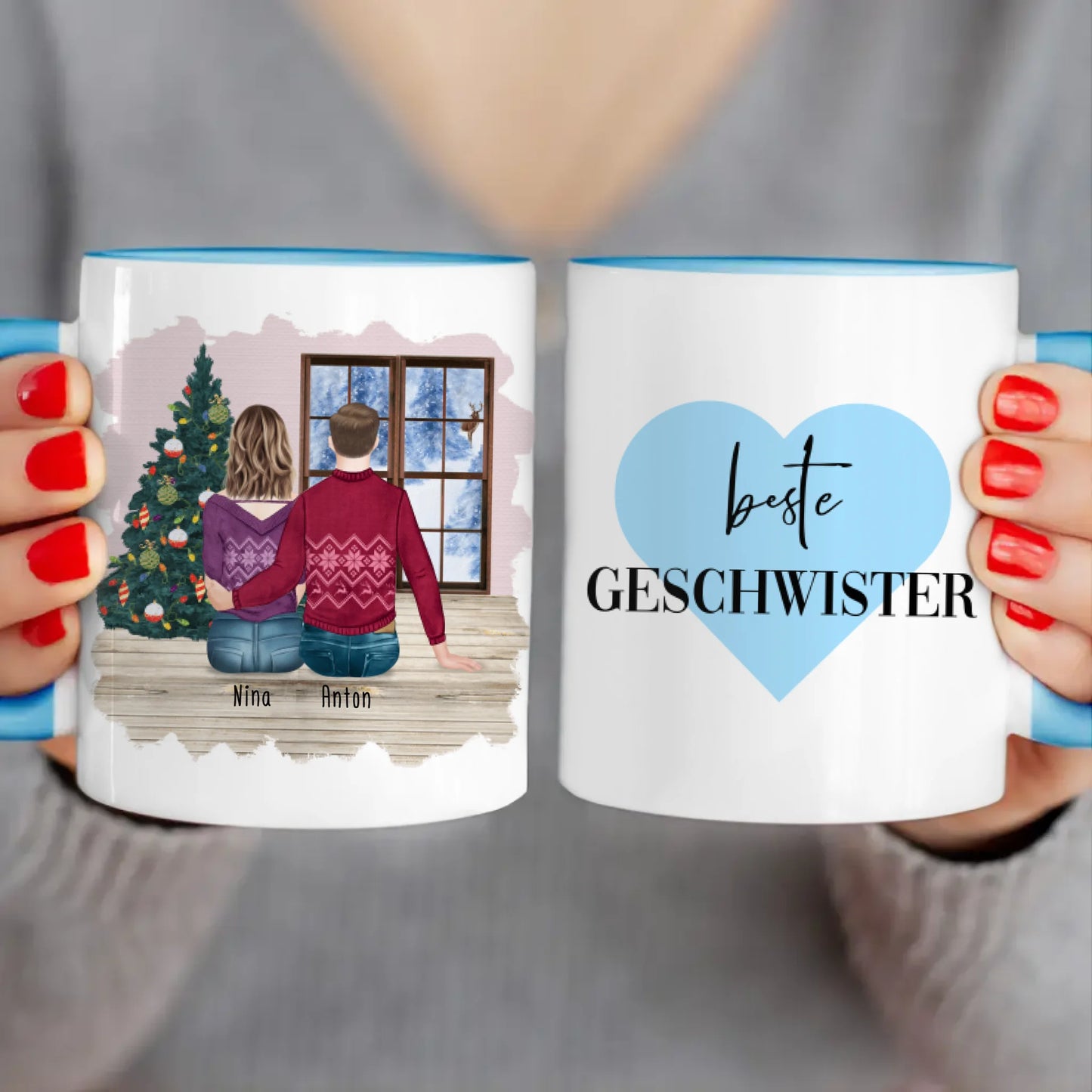 Personalisierte Tasse mit Bruder/Schwester (1 Schwester + 1 Bruder) - Weihnachtstasse