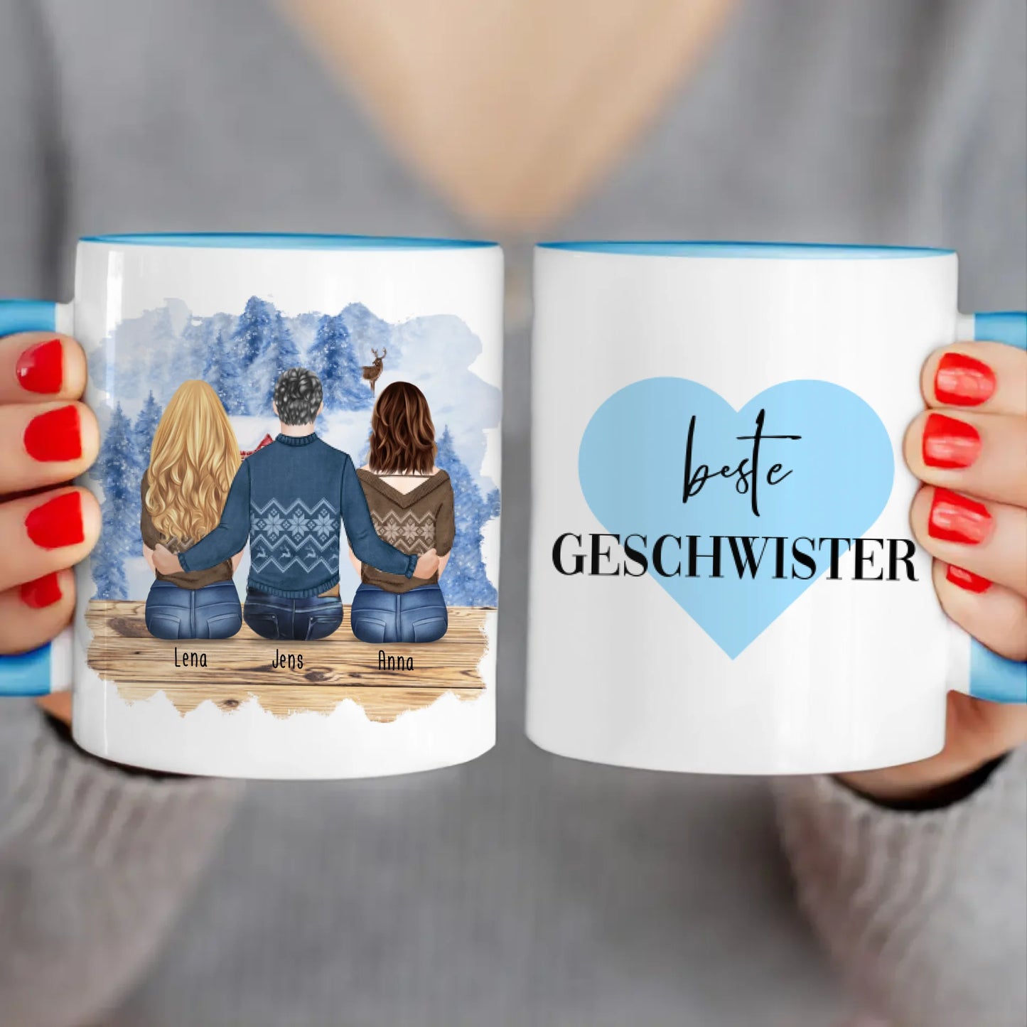 Personalisierte Tasse mit Bruder/Schwester (2 Schwester + 1 Bruder) - Weihnachtstasse