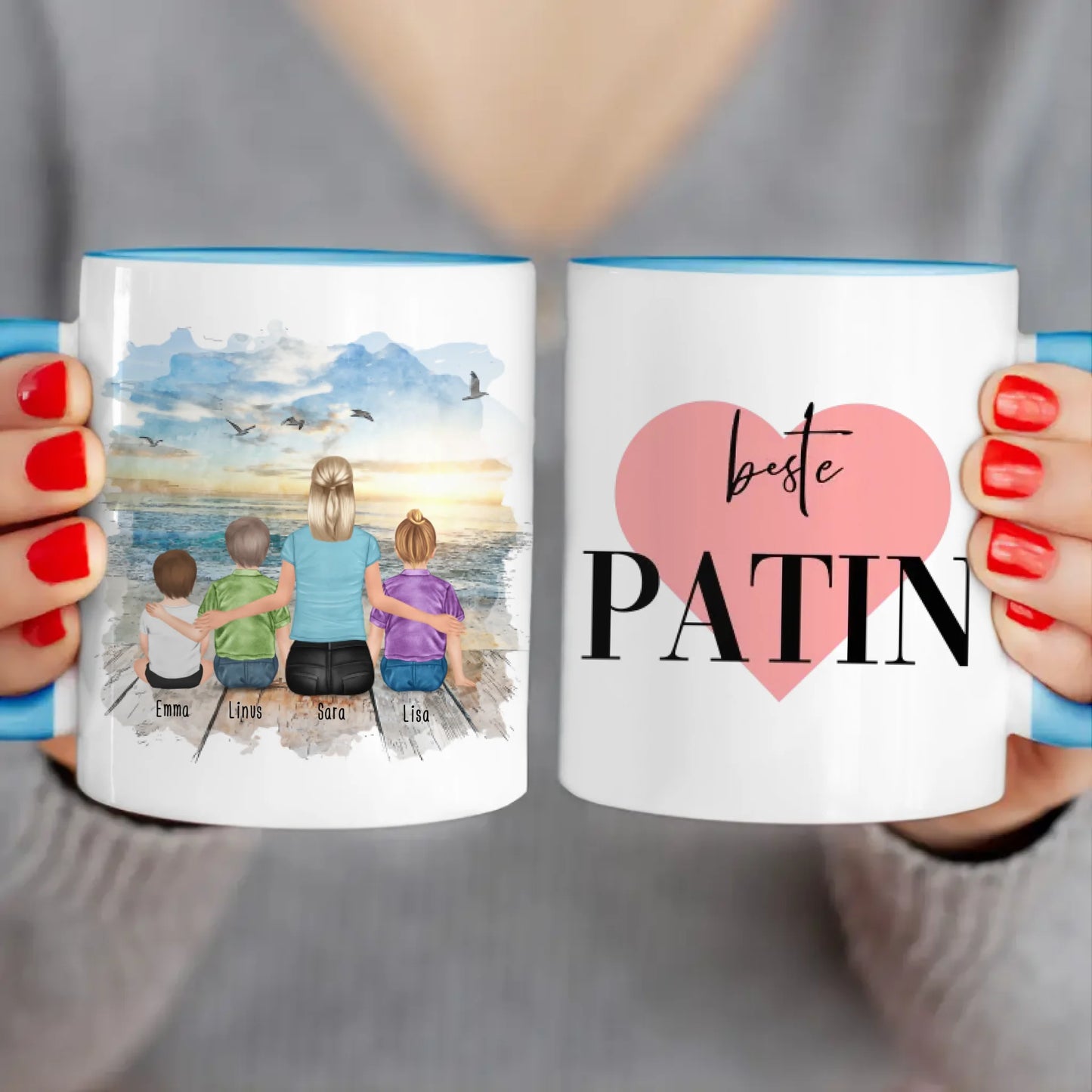 Personalisierte Tasse mit Patin (1 Baby + 2 Kinder + 1 Patin)