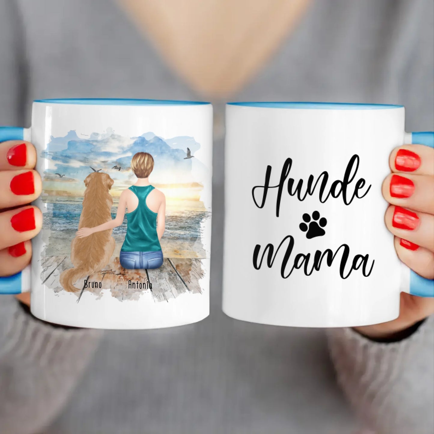 Personalisierte Tasse mit Hund und Frau (1 Hund + 1 Frau)