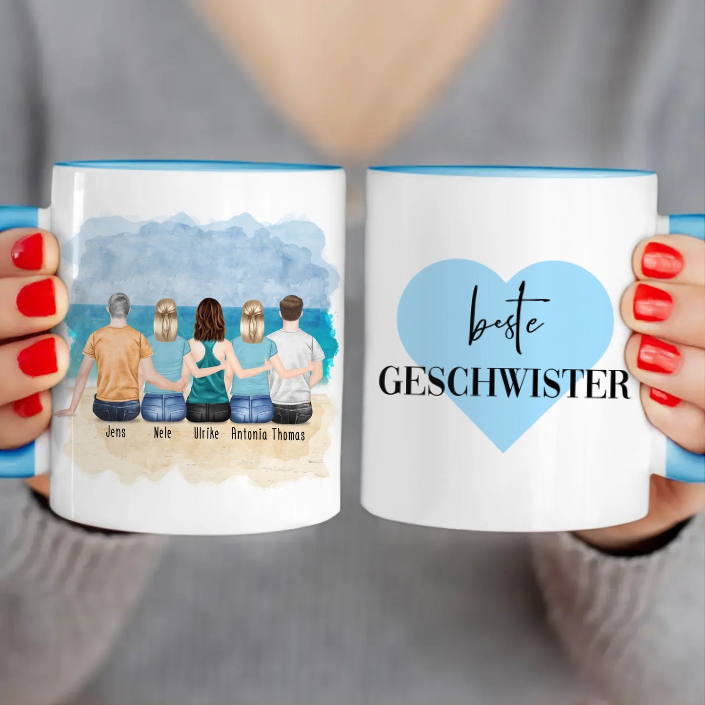 Personalisierte Tasse mit Bruder/Schwester (3 Schwestern + 2 Brüder)