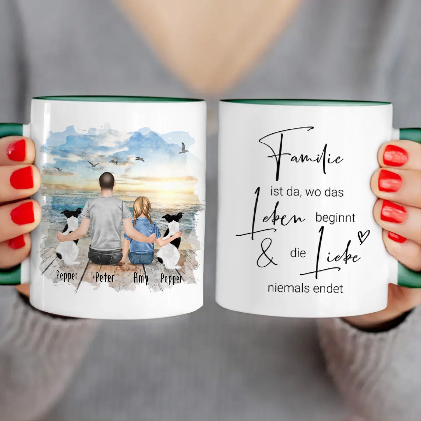 Personalisierte Tasse - 1 Mann + 1 Kind + 2 Hunde