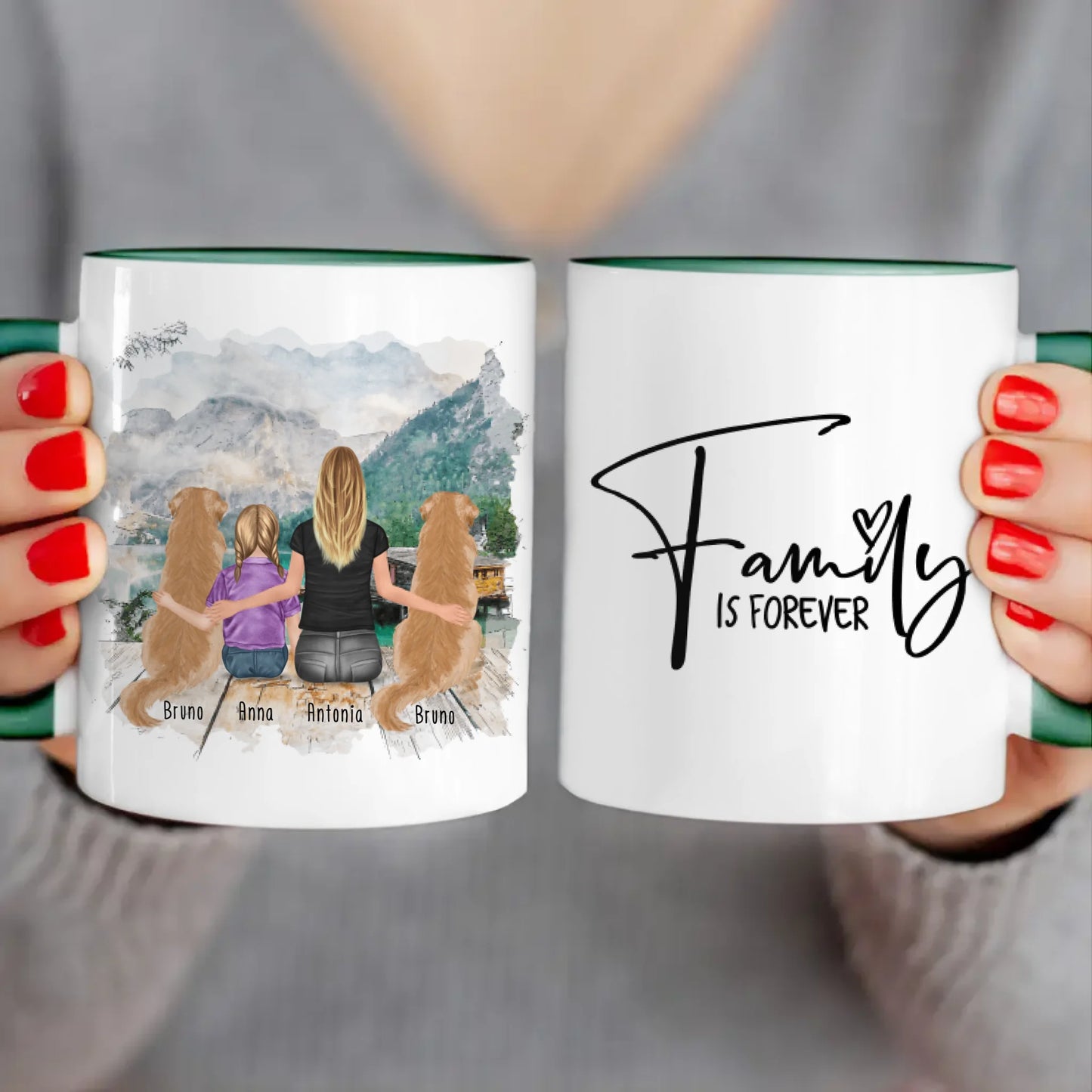 Personalisierte Tasse 1 Frau + 1 Kind + 2 Hunde