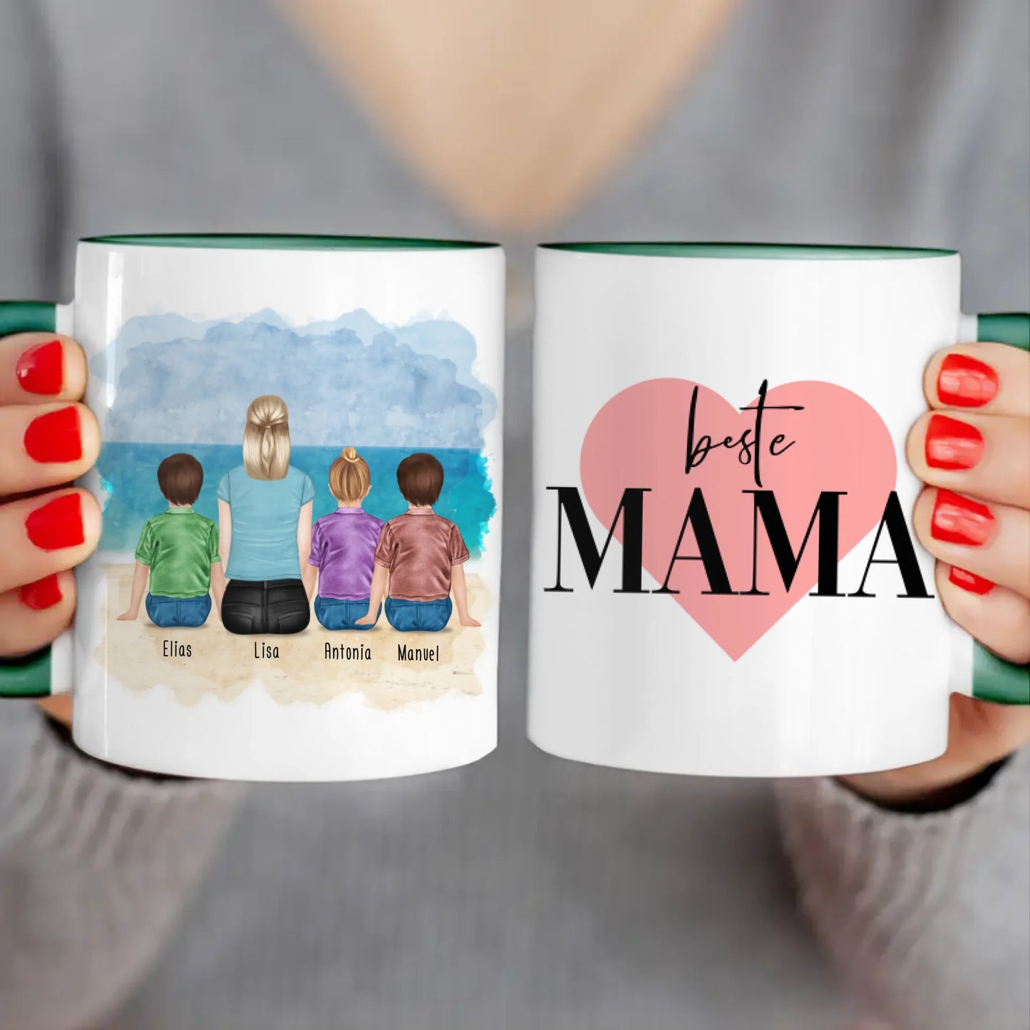 Personalisierte Tasse mit Mutter + 3 Kinder