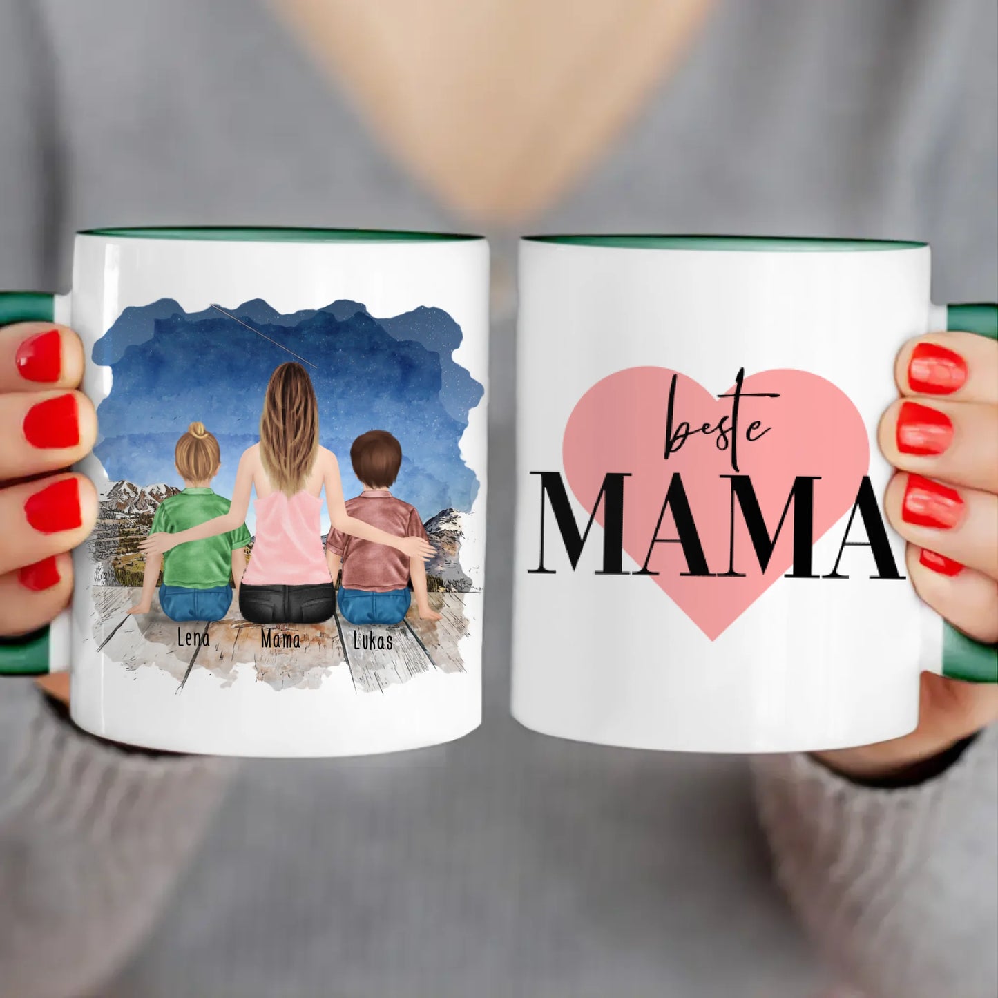 Personalisierte Tasse mit Mutter und Kindern (2 Kinder + 1 Mutter)