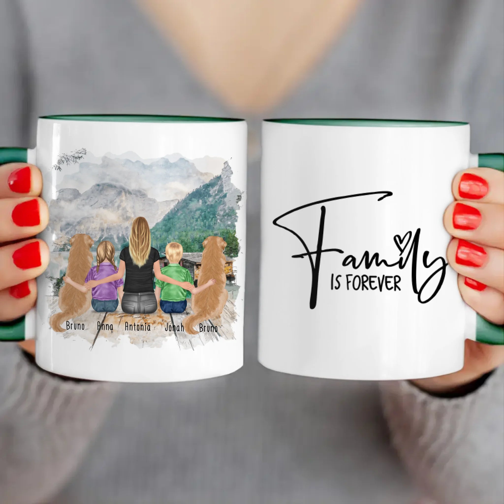 Personalisierte Tasse mit 1 Frau + 2 Kindern + 2 Hunden