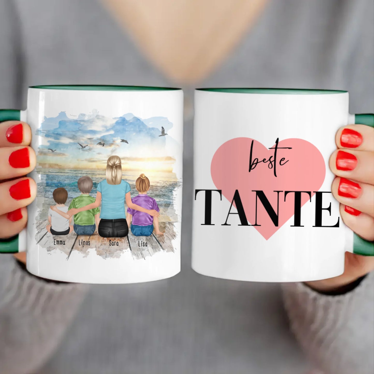 Personalisierte Tasse mit Tante (1 Baby + 2 Kinder + 1 Tante)