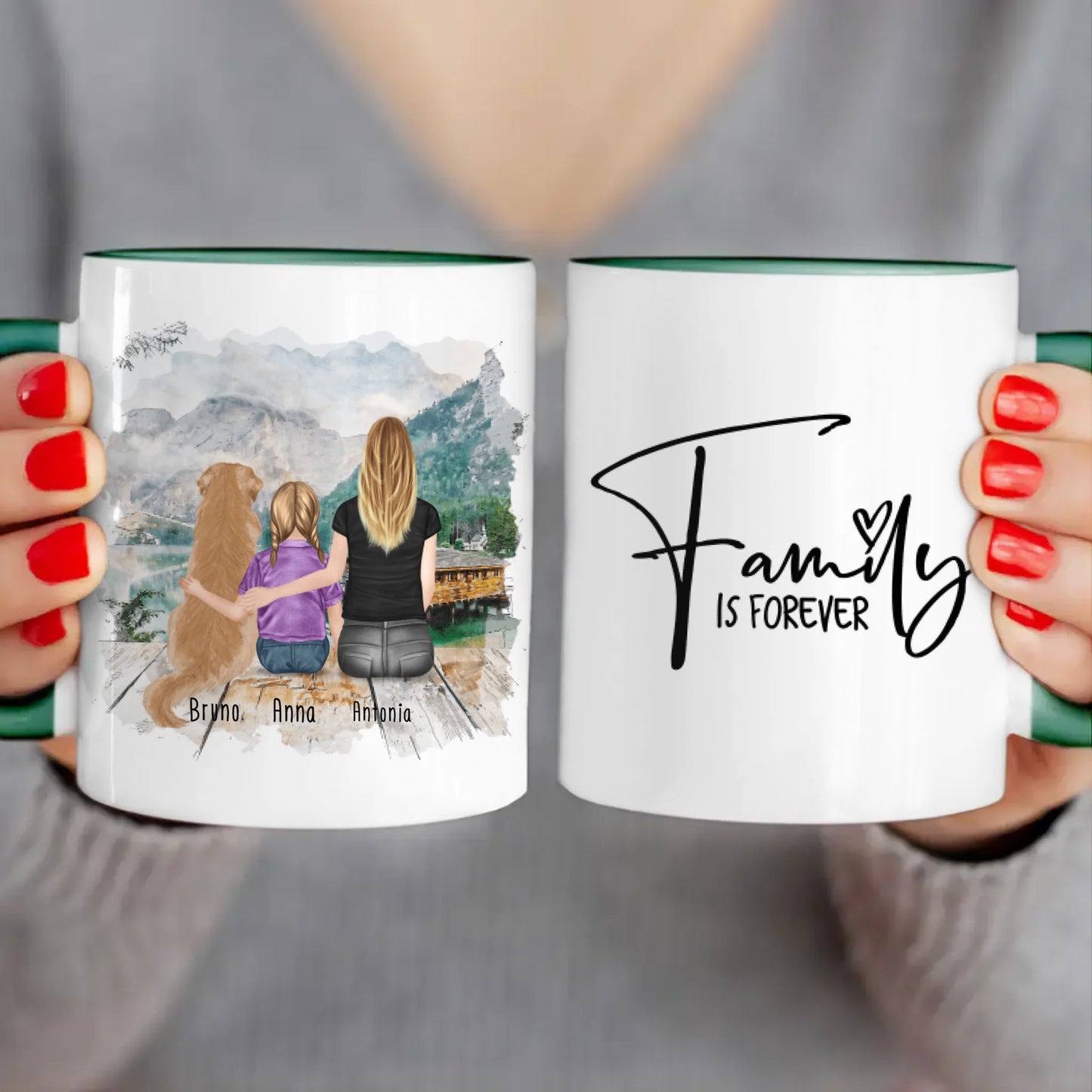 Personalisierte Tasse mit 1 Frau + 1 Kind + 1 Hund