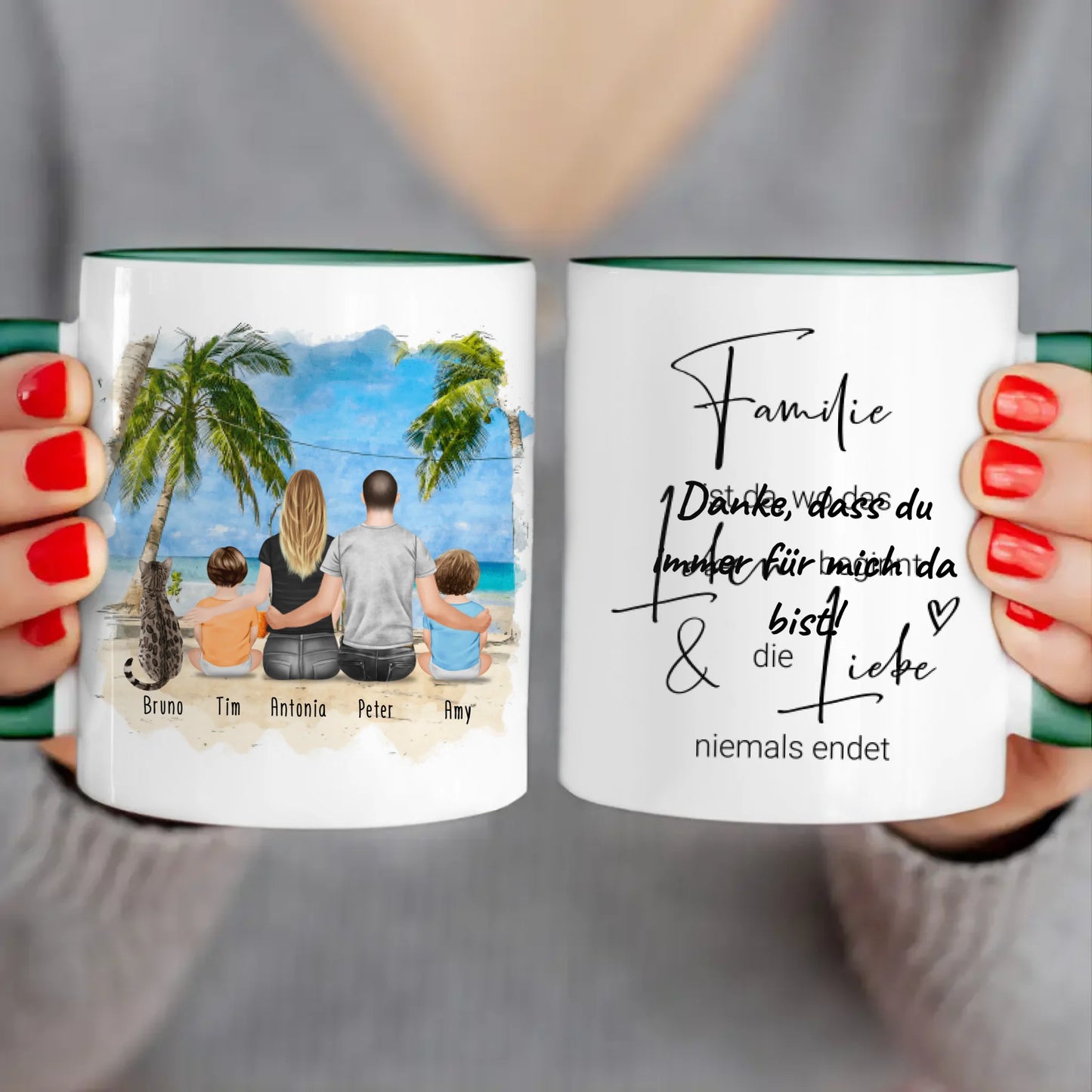 Personalisierte Tasse mit Familie + 1 Katze (2 Babys)