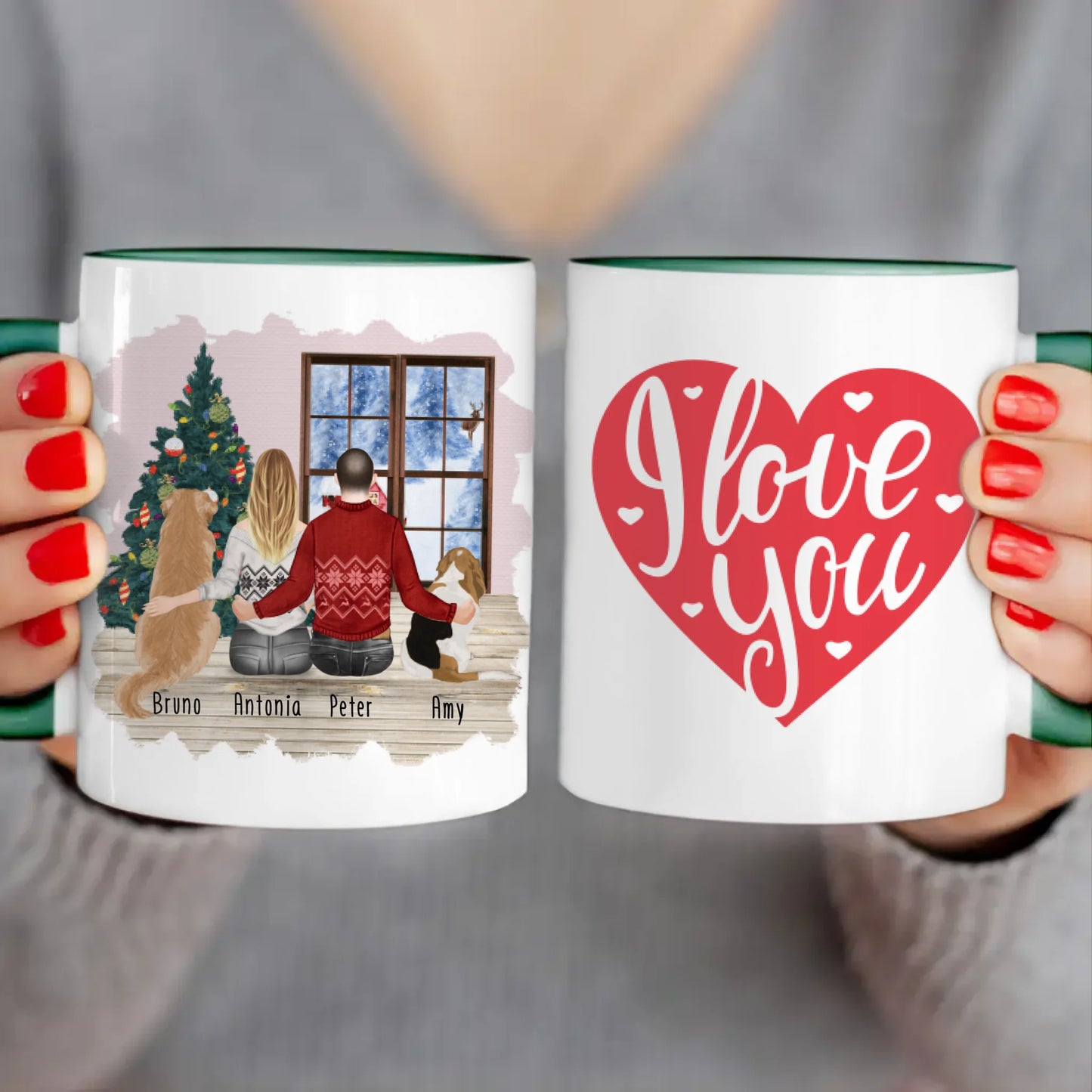 Personalisierte Tasse mit Pärchen und 2 Hunden - Weihnachtstasse